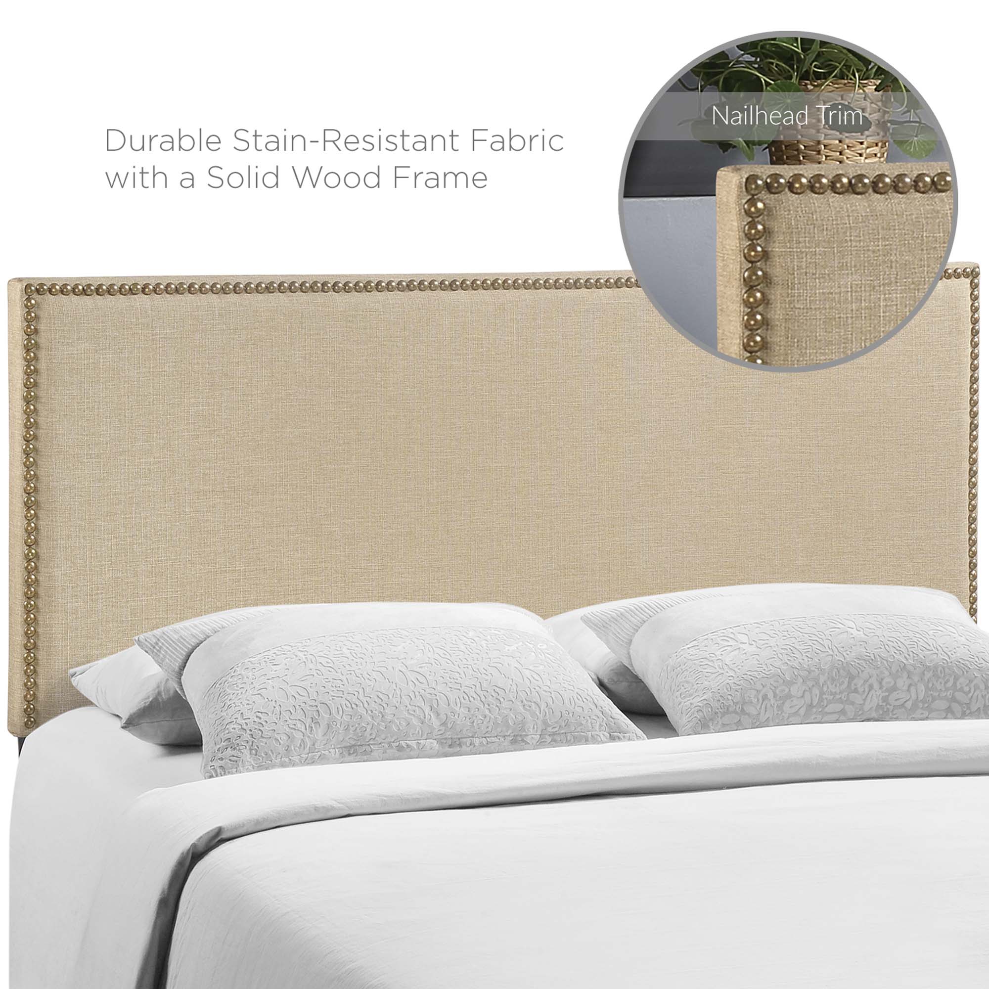 Region Nailhead Upholstered Queen Headboard, Cafe