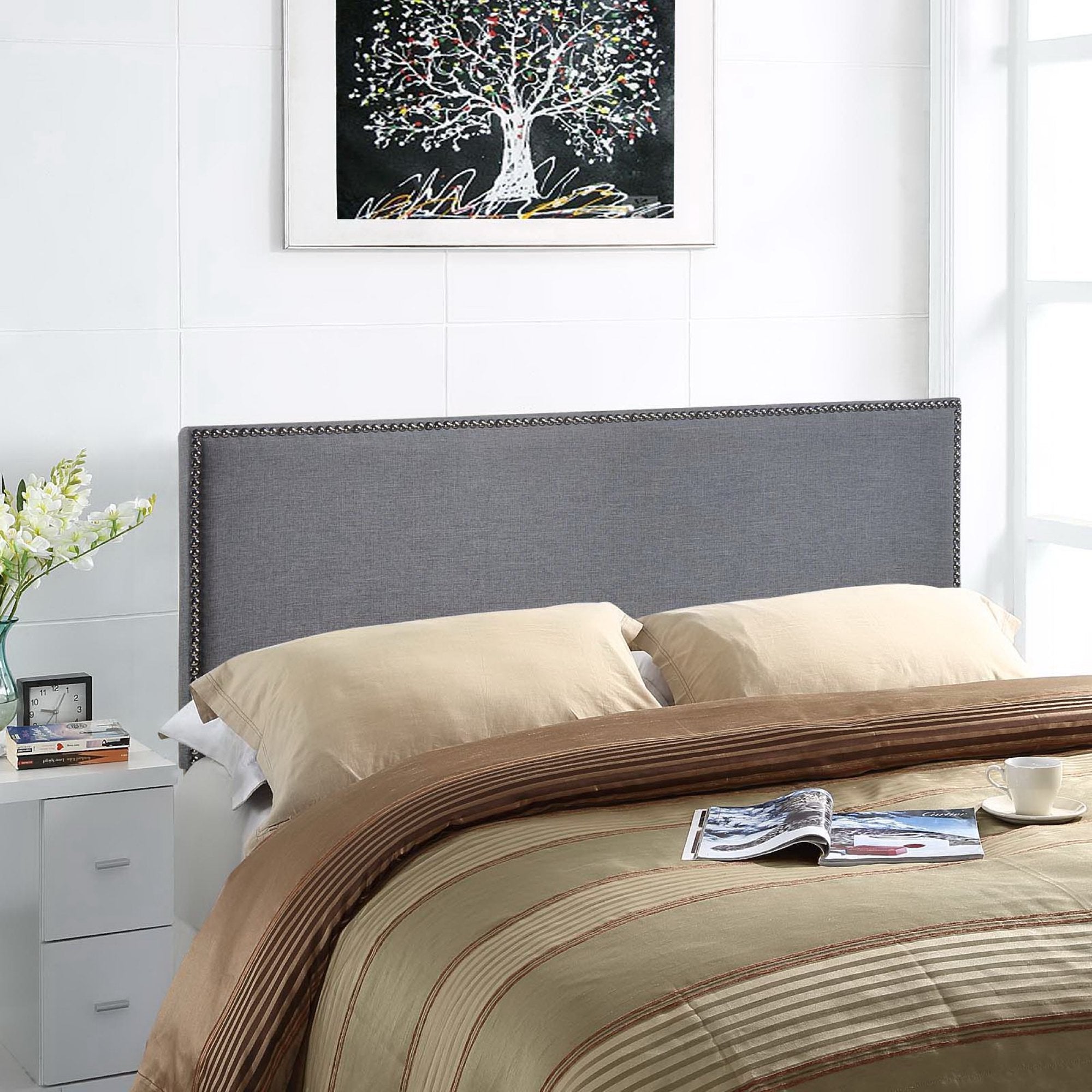 Region Nailhead Upholstered Queen Headboard, Smoke