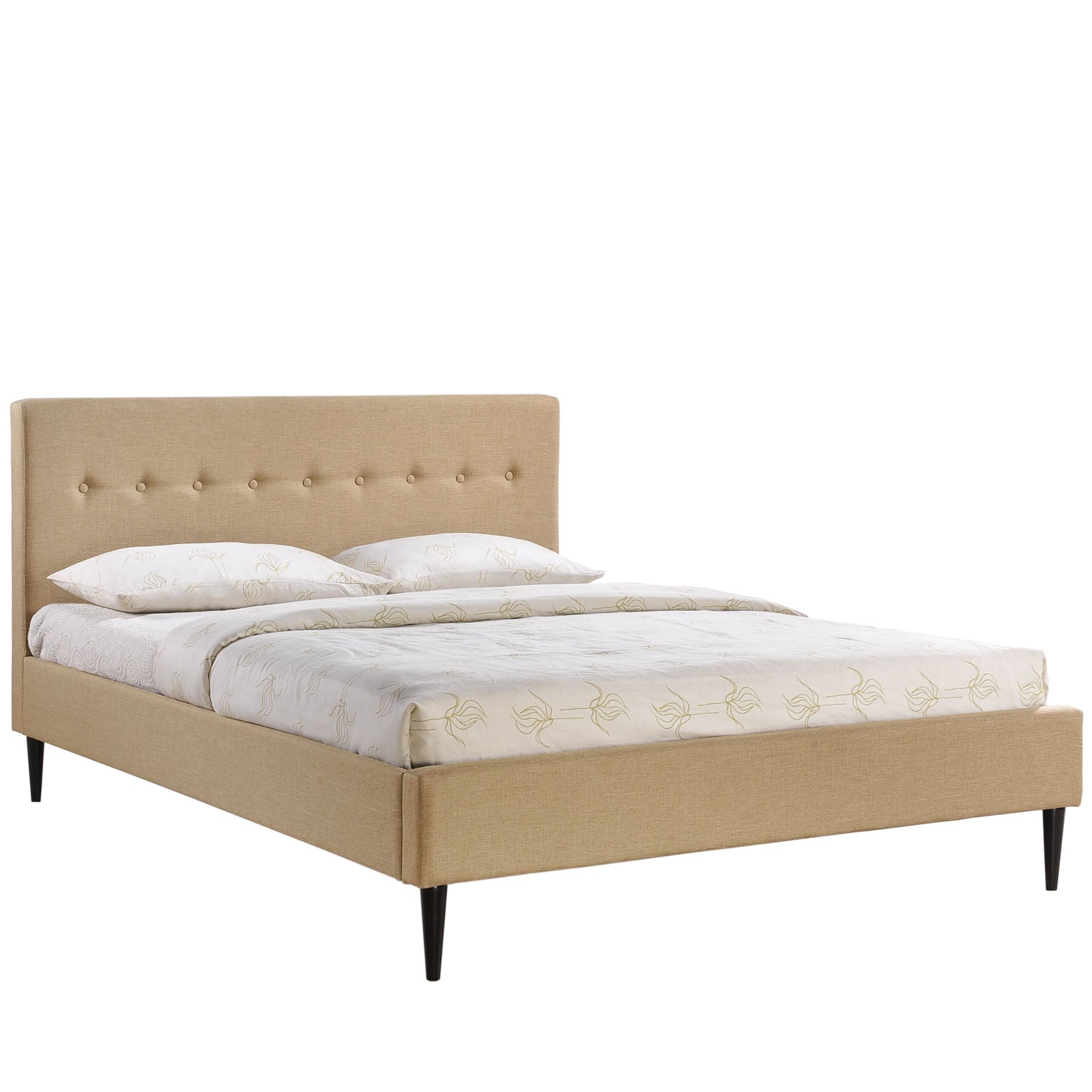 Tracy Queen Upholstered Platform Bed – Cafe Finish with Button Tufting
