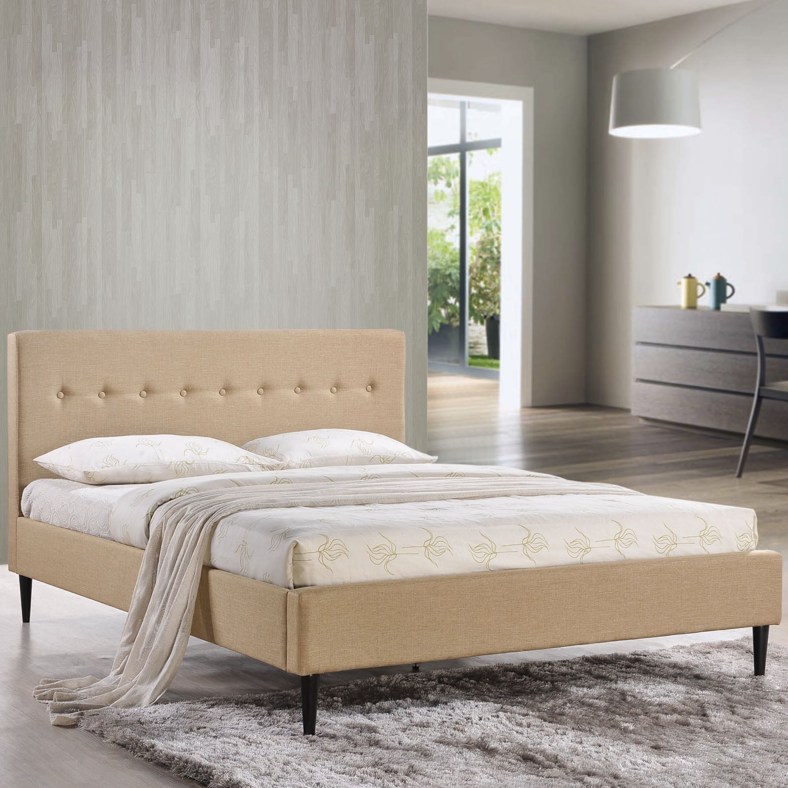 Tracy Queen Upholstered Platform Bed – Cafe Finish with Button Tufting