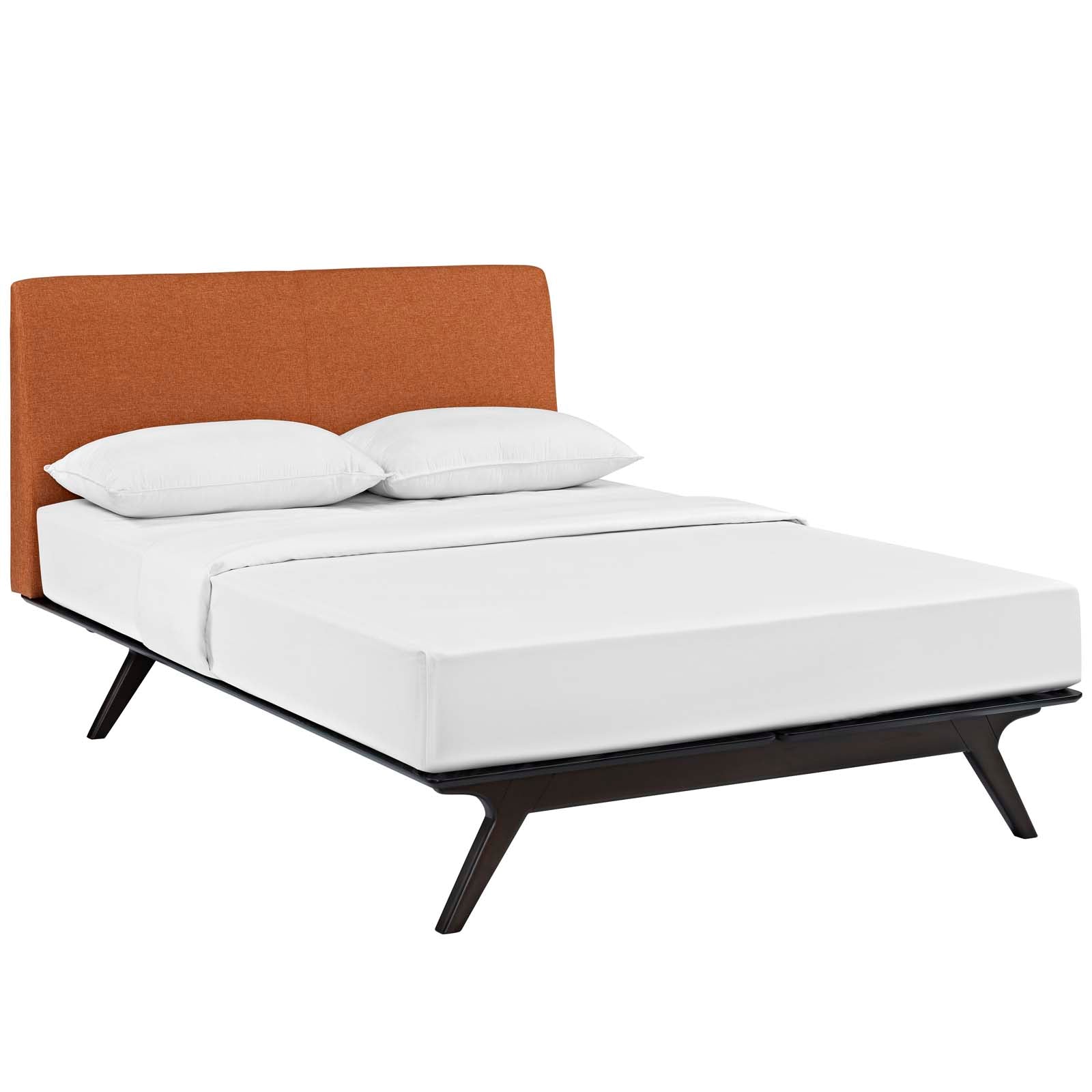 Sylth Queen Rubberwood Platform Bed – Upholstered Headboard Toffee Brown