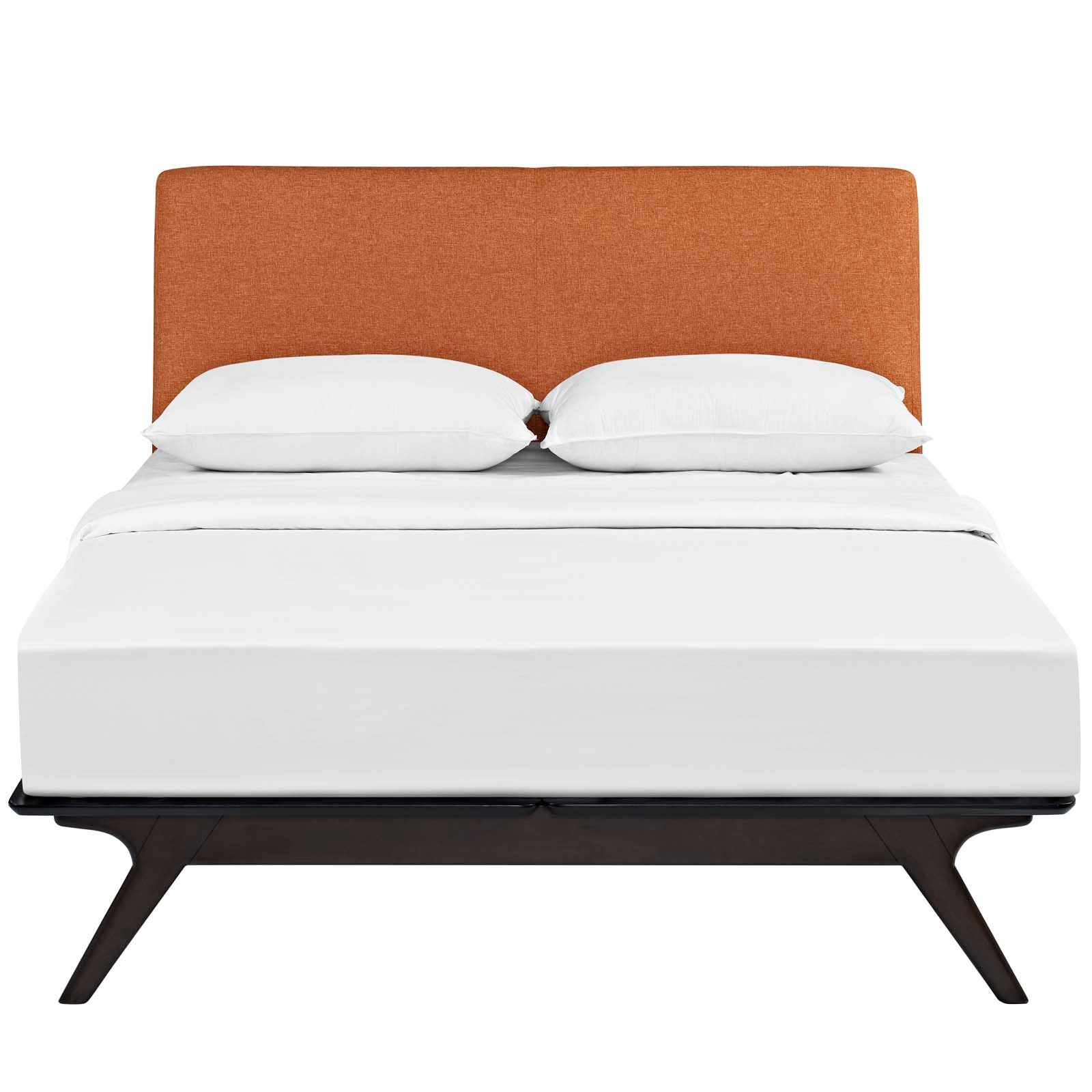 Sylth Queen Rubberwood Platform Bed – Upholstered Headboard Toffee Brown
