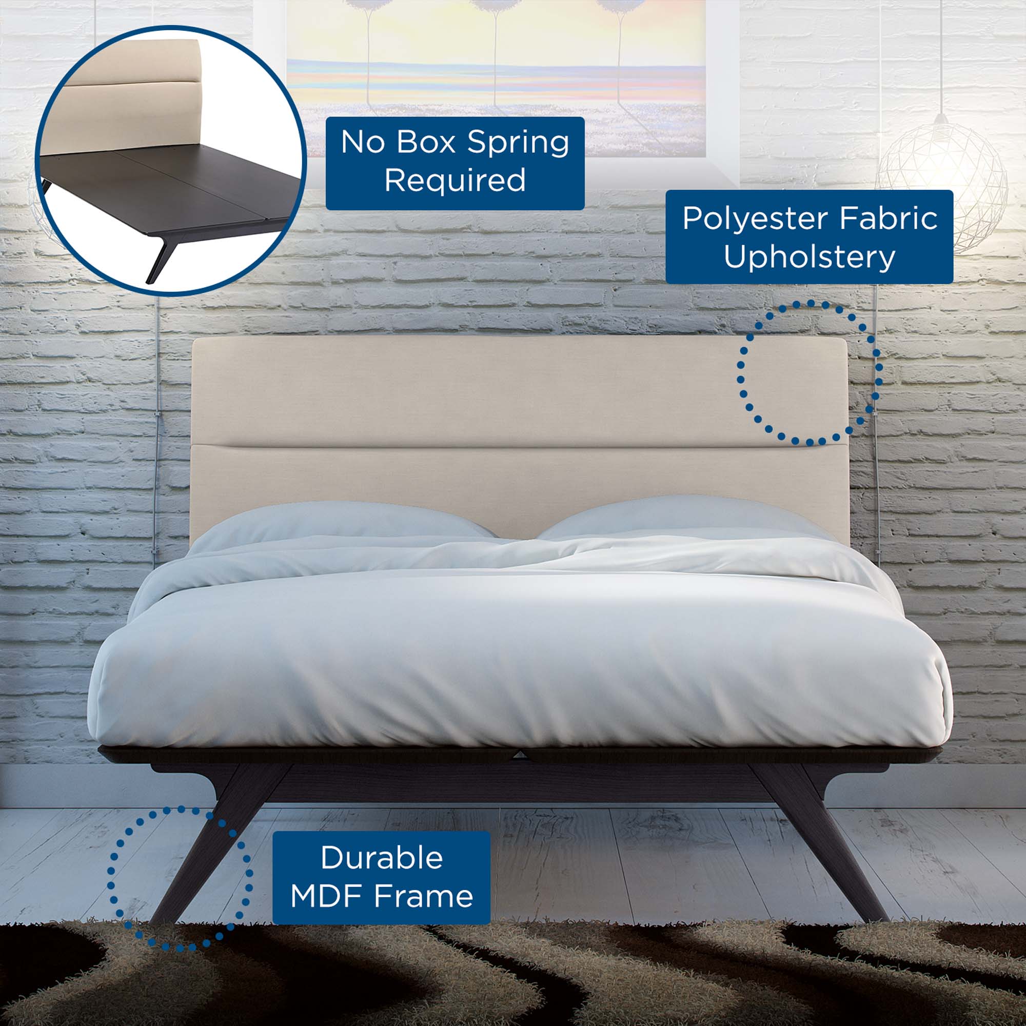 Orna Addison Queen Black & Beige Fabric Bed – Modern Upholstered Platform Design