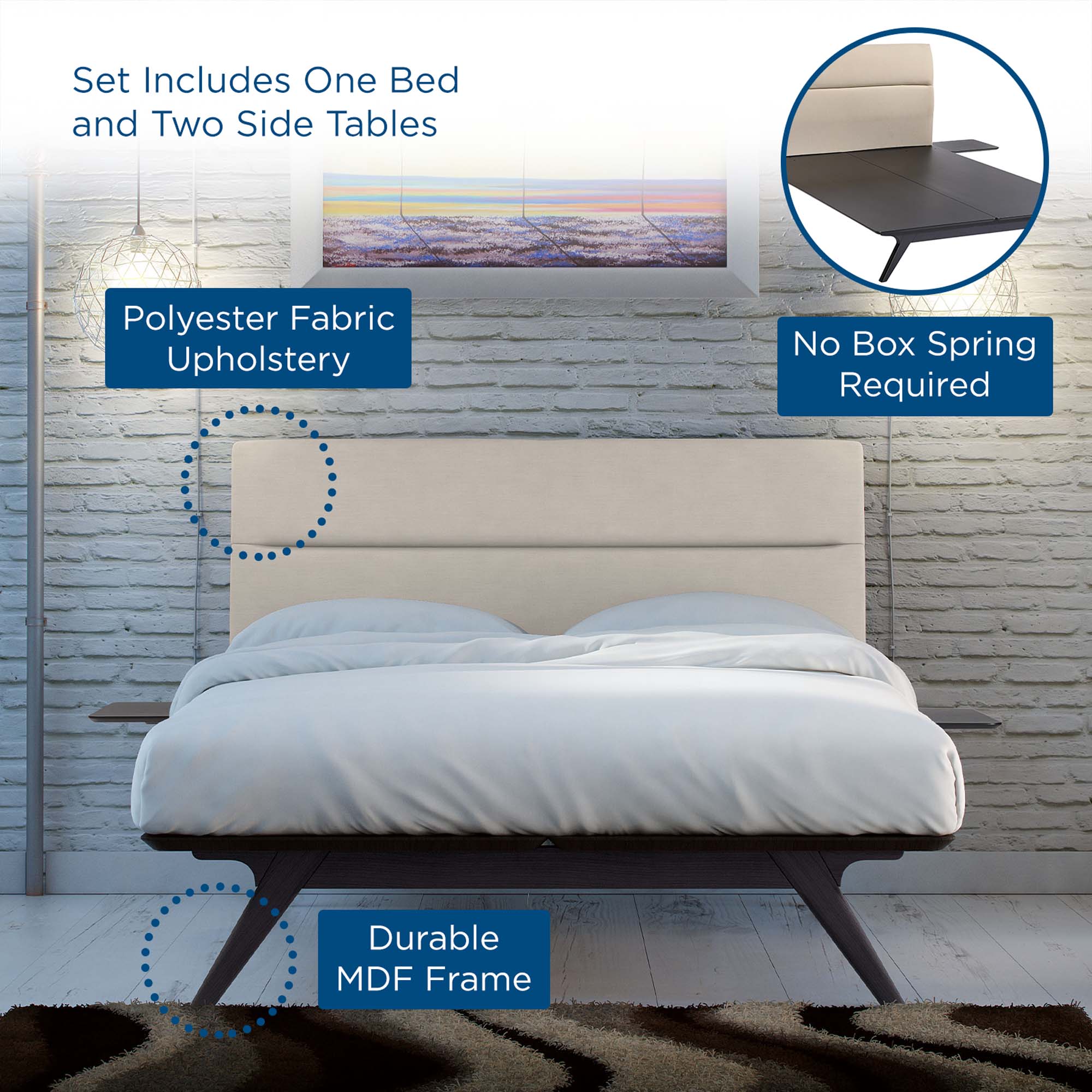 Orna Addison Queen Bedroom Set – 3-Piece Wood Frame Bed with Beige Headboard & Matching Furniture