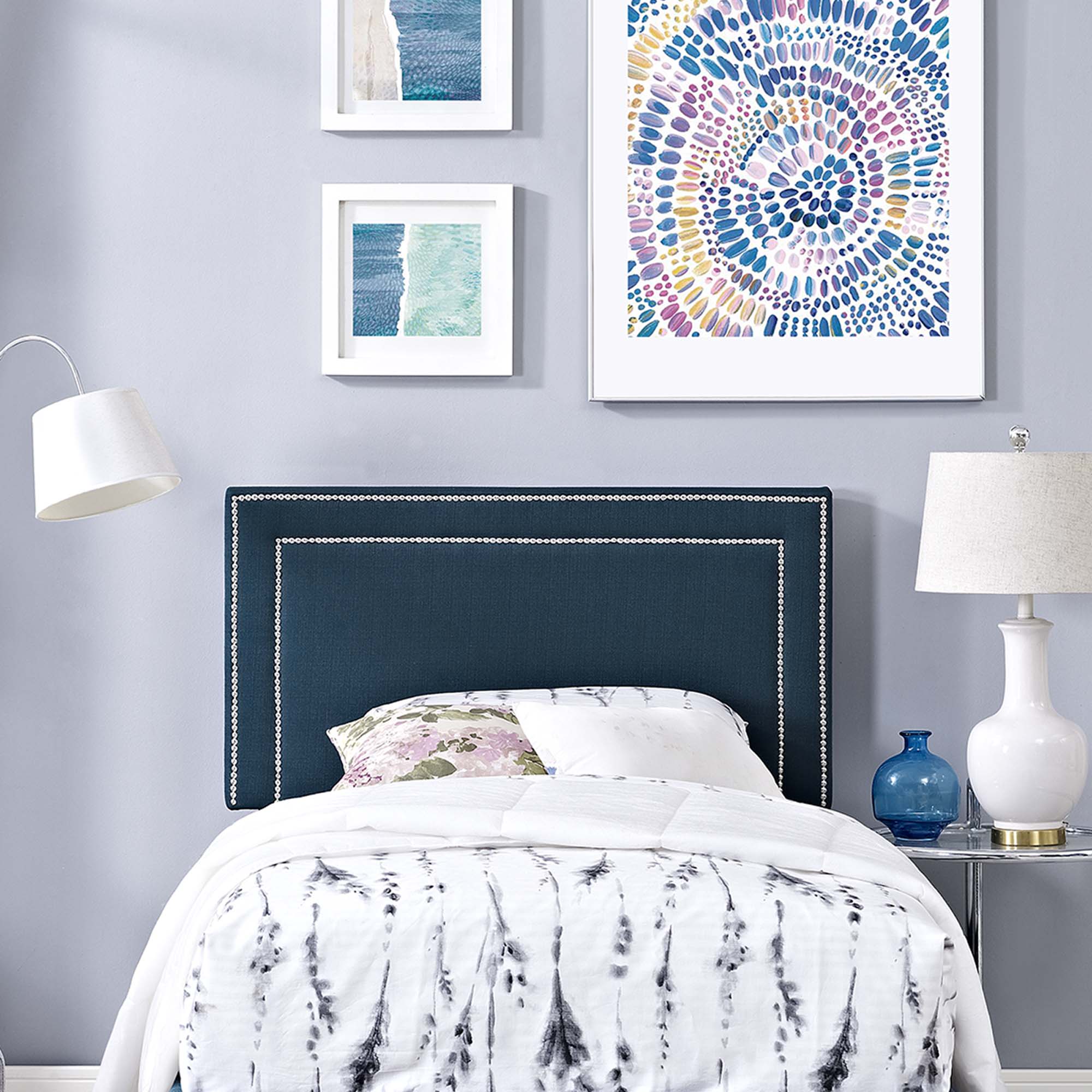 Jessamine Upholstered Fabric Twin Headboard, Azure