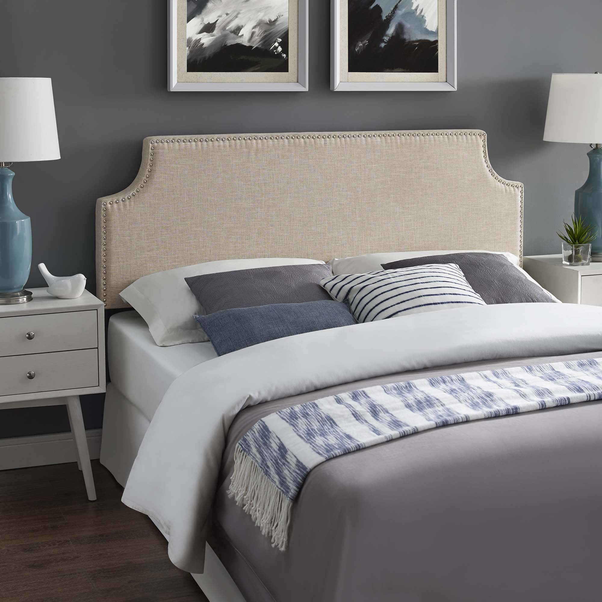 Laura Upholstered Fabric Queen Headboard, Beige