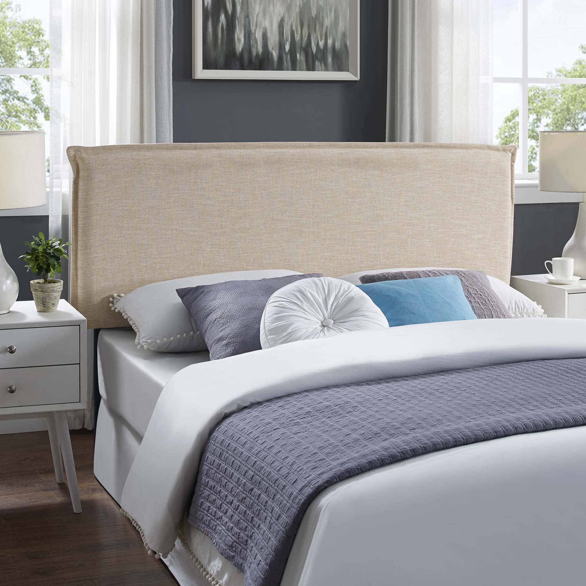 Camille Upholstered Fabric Queen Headboard, Beige