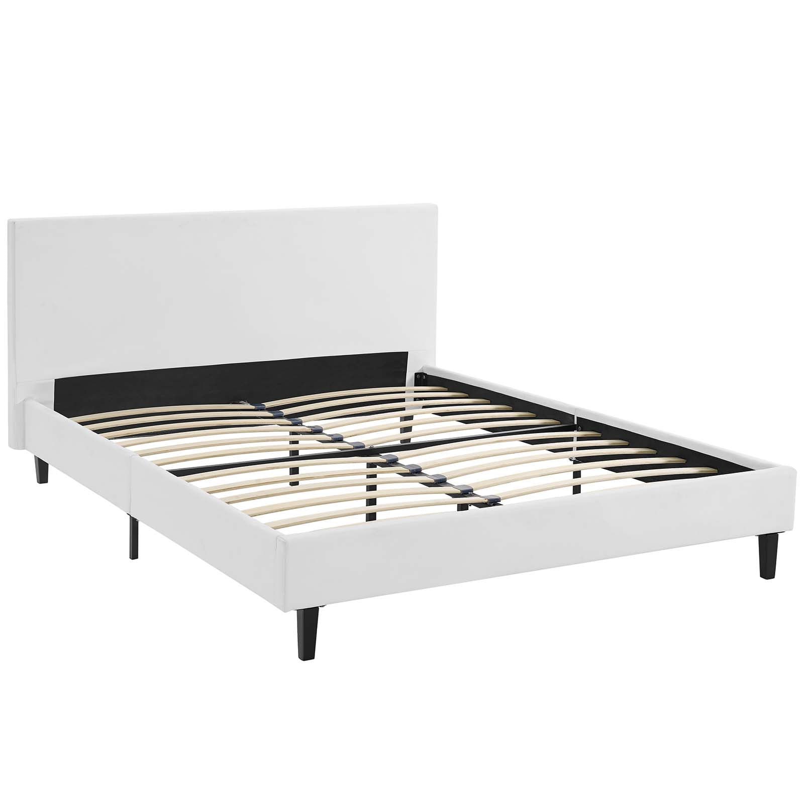 Levinson Queen White Vinyl Bed – Sleek Platform Style with Wood Support