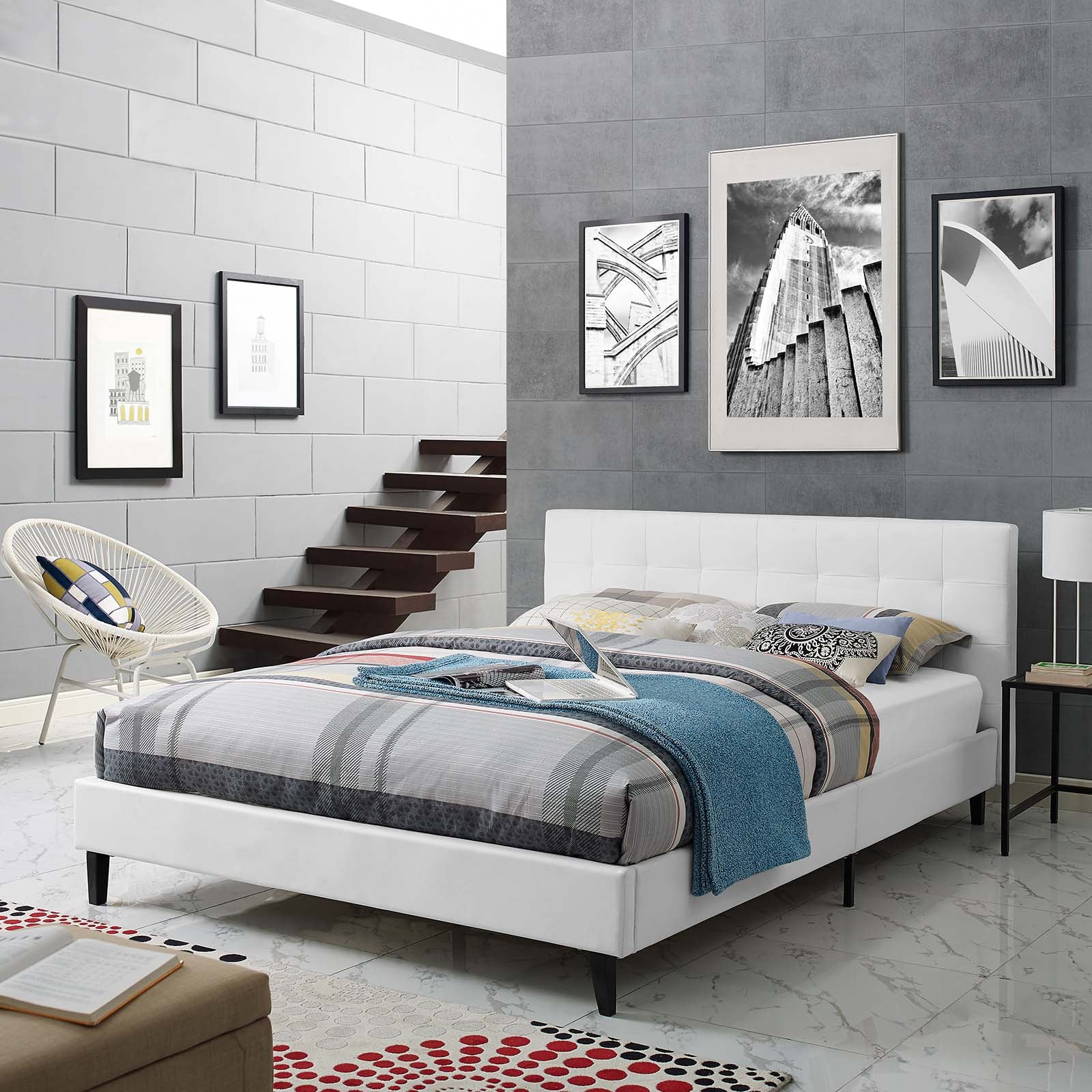 Lemra Full White Faux Leather Upholstered Bed – Padded Platform with Tufted Design