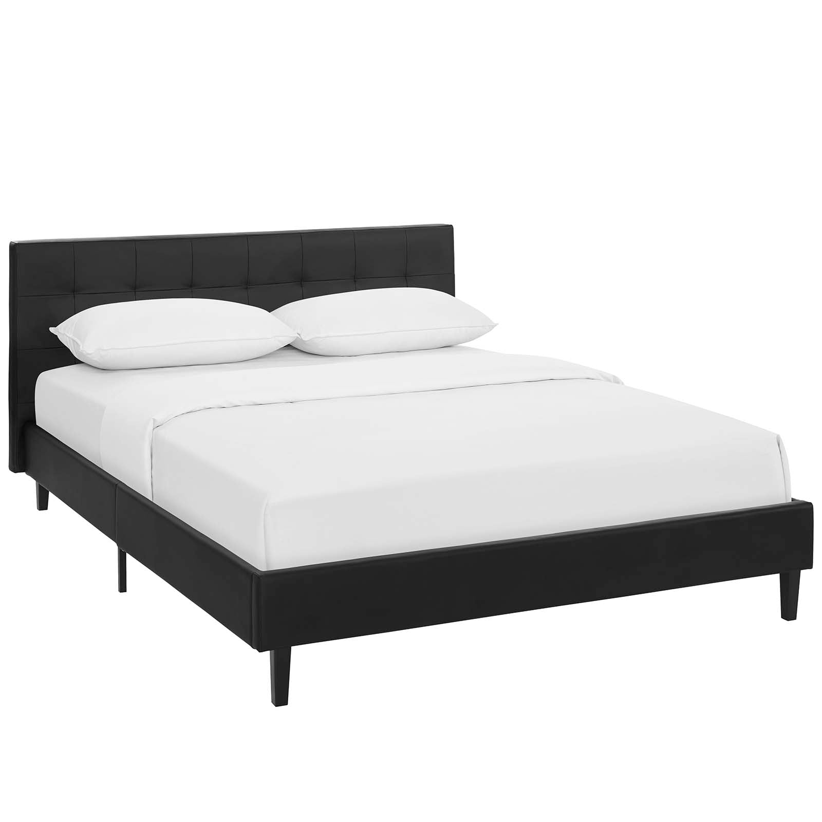 Korra Queen Black Faux Leather Bed – Padded Tufted Headboard Platform
