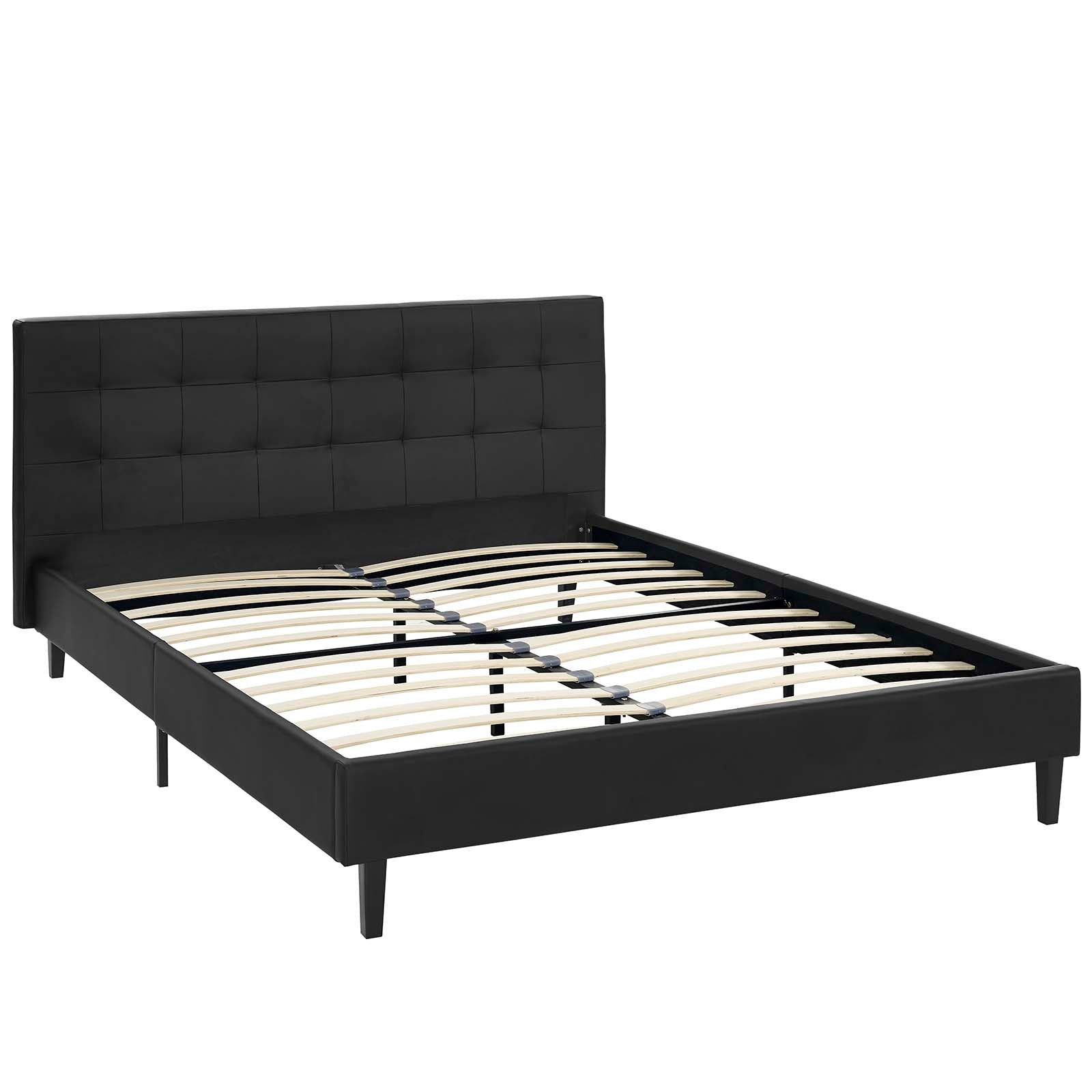 Korra Queen Black Faux Leather Bed – Padded Tufted Headboard Platform