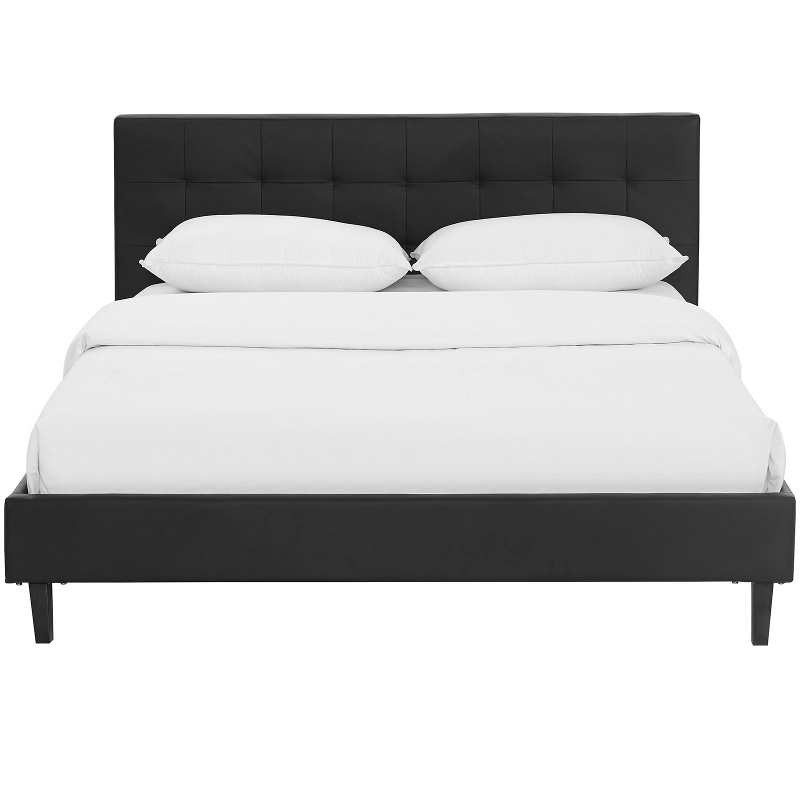Korra Queen Black Faux Leather Bed – Padded Tufted Headboard Platform