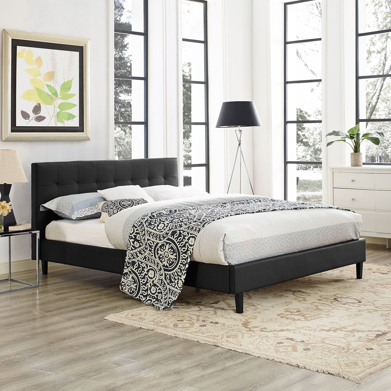 Korra Queen Black Faux Leather Bed – Padded Tufted Headboard Platform