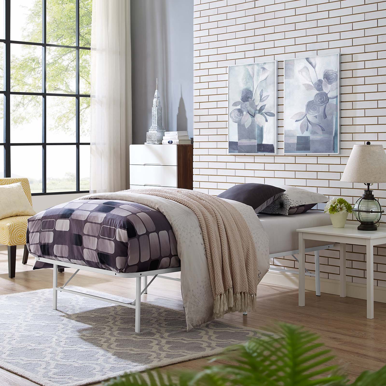 Charis White Twin Platform Bed Frame – No Box Spring Required Steel Construction