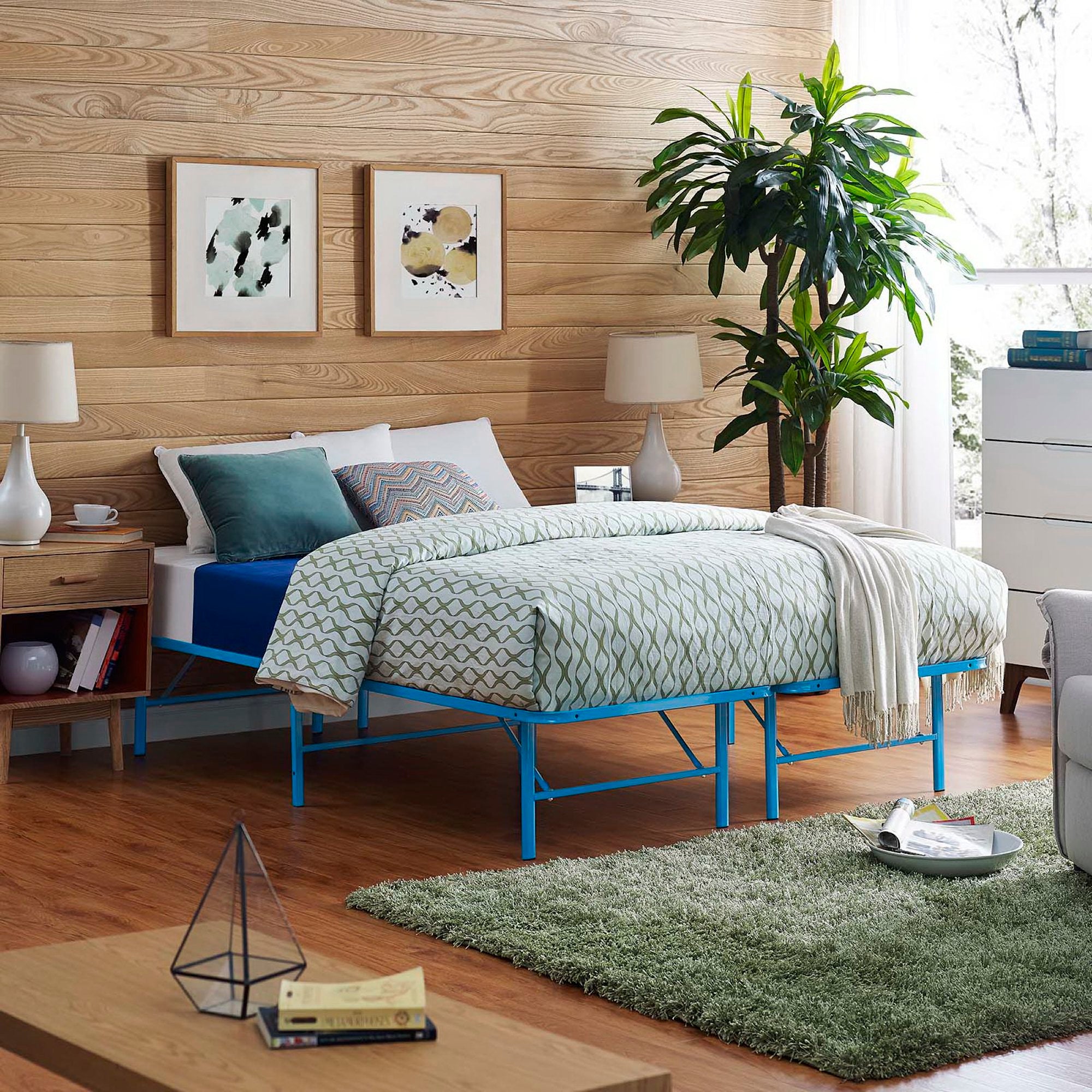 Darrow Queen Light Blue Metal Bed Frame – Industrial Modern Design