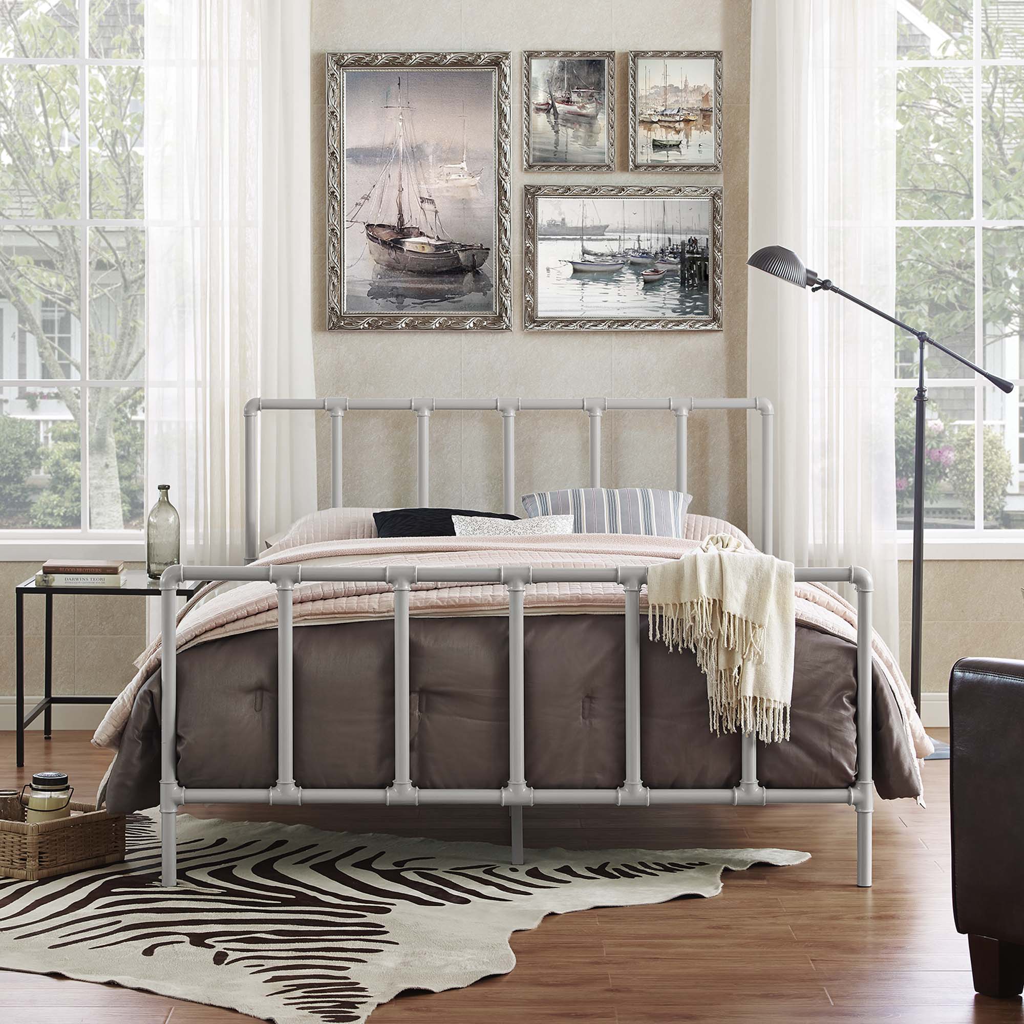 Kobutsu Grey Queen Industrial Platform Bed Steel Frame with Headboard