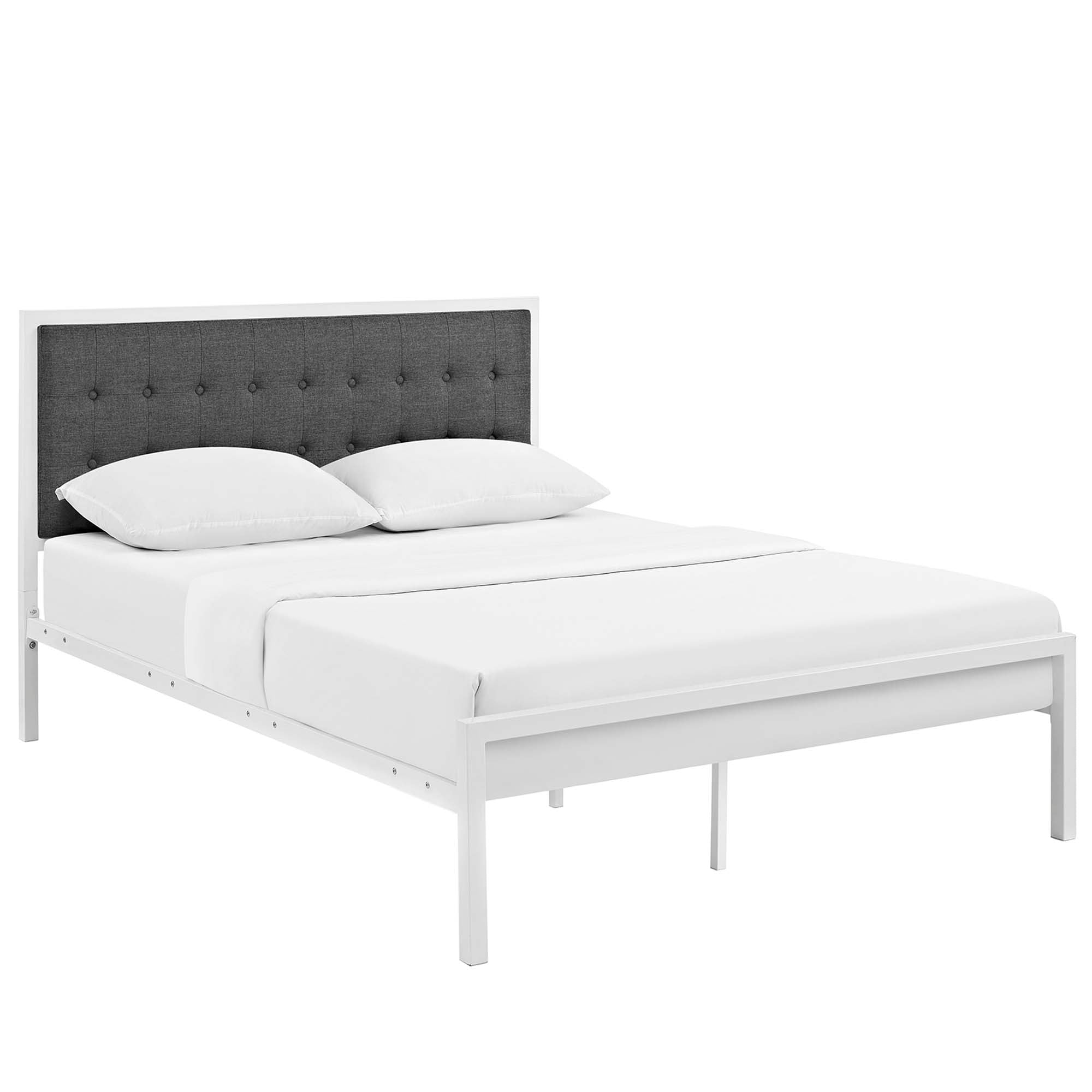 Elria King White Grey Fabric Platform Bed – Tufted Headboard with Steel Frame