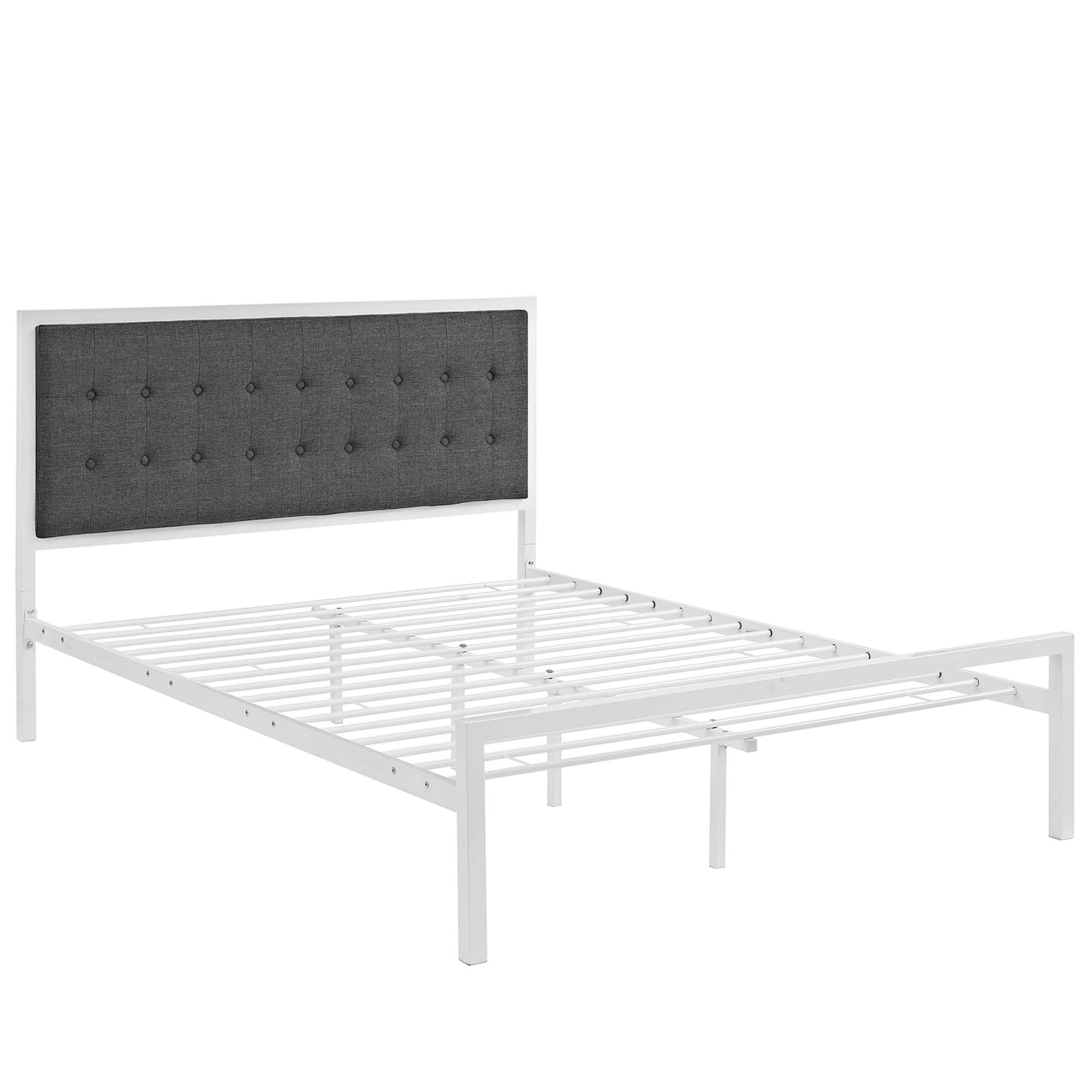 Elria King White Grey Fabric Platform Bed – Tufted Headboard with Steel Frame