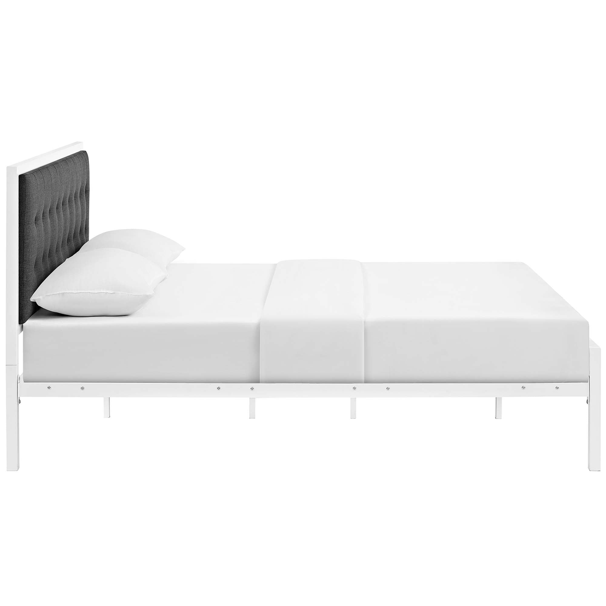 Elria King White Grey Fabric Platform Bed – Tufted Headboard with Steel Frame