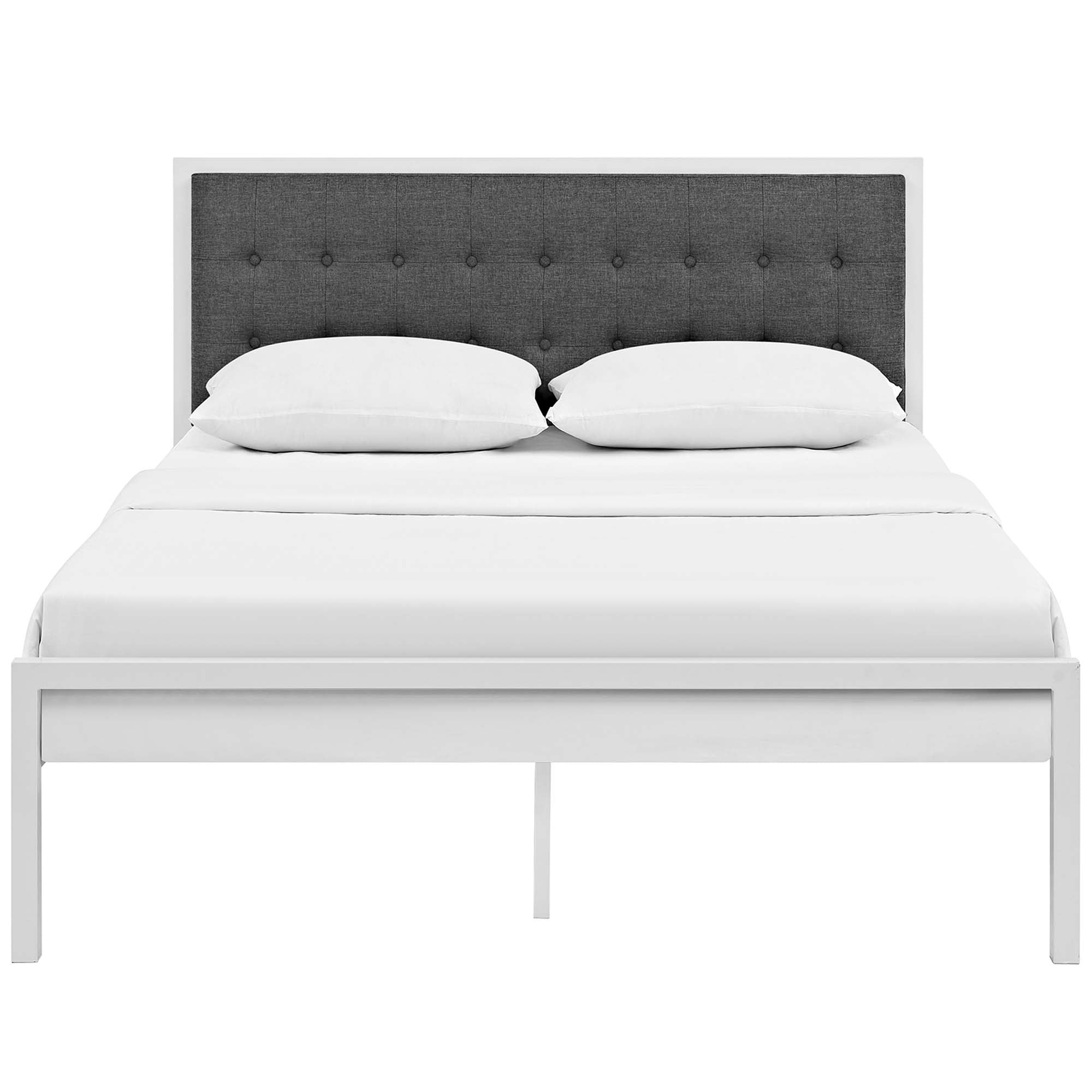 Elria King White Grey Fabric Platform Bed – Tufted Headboard with Steel Frame
