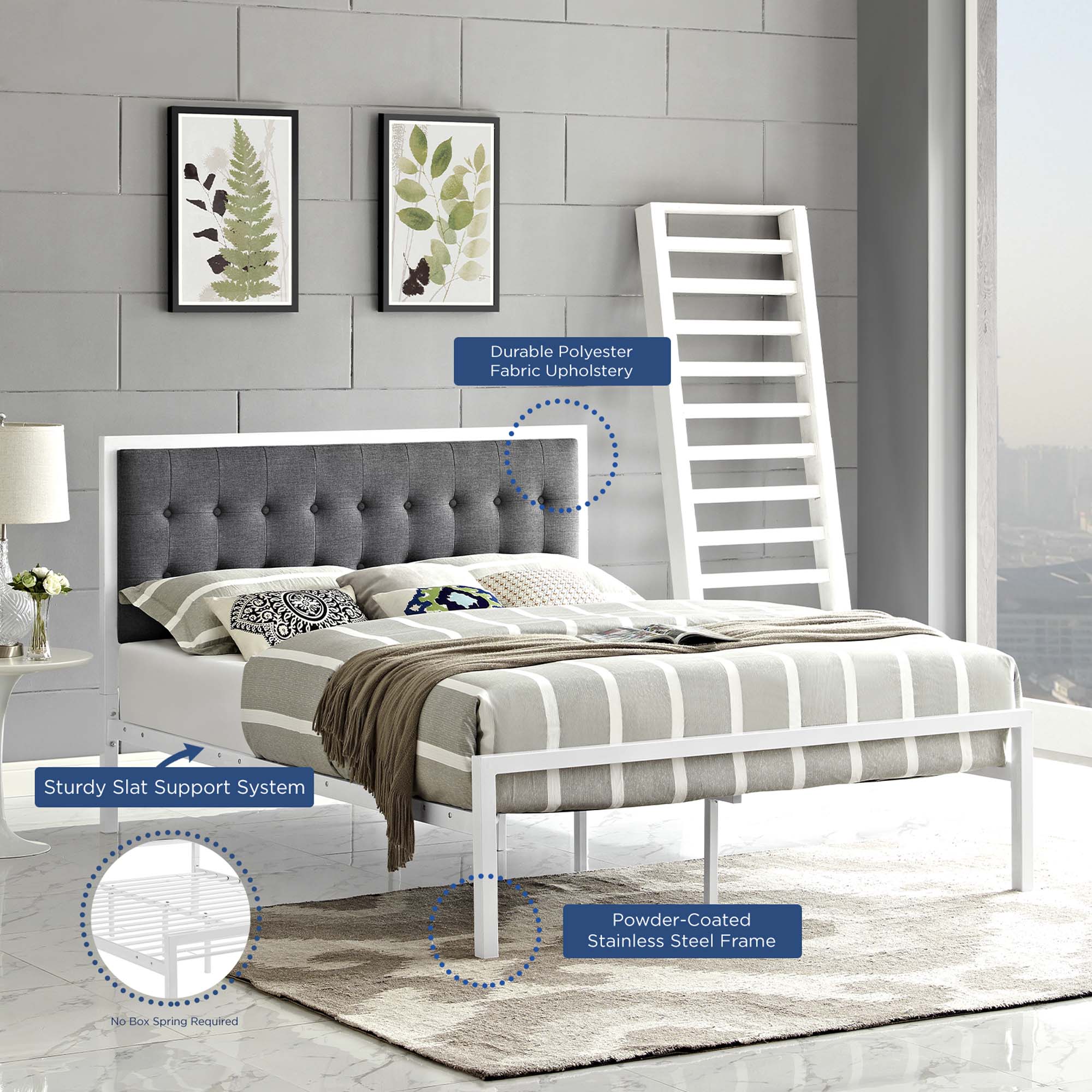 Elria King White Grey Fabric Platform Bed – Tufted Headboard with Steel Frame