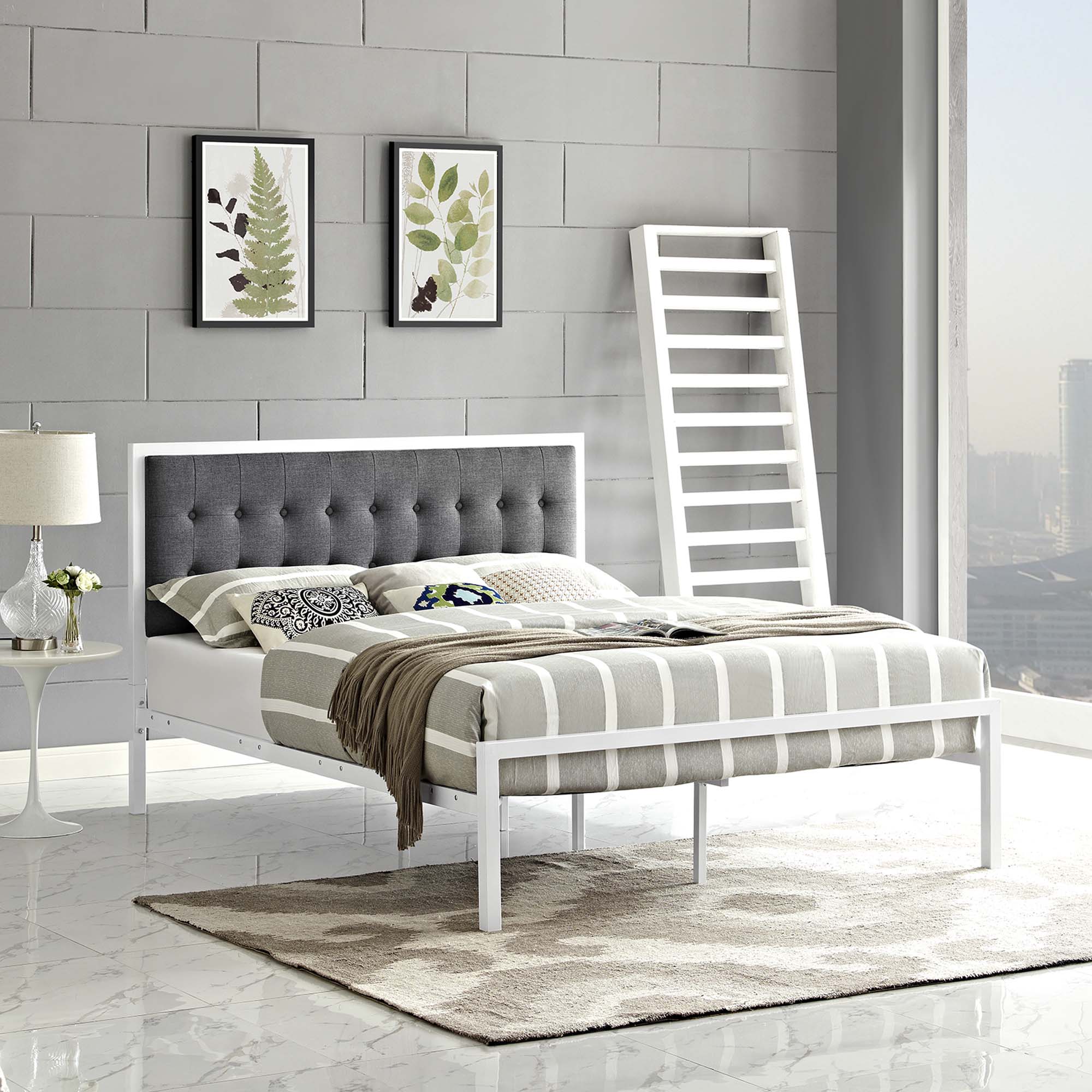 Elria King White Grey Fabric Platform Bed – Tufted Headboard with Steel Frame