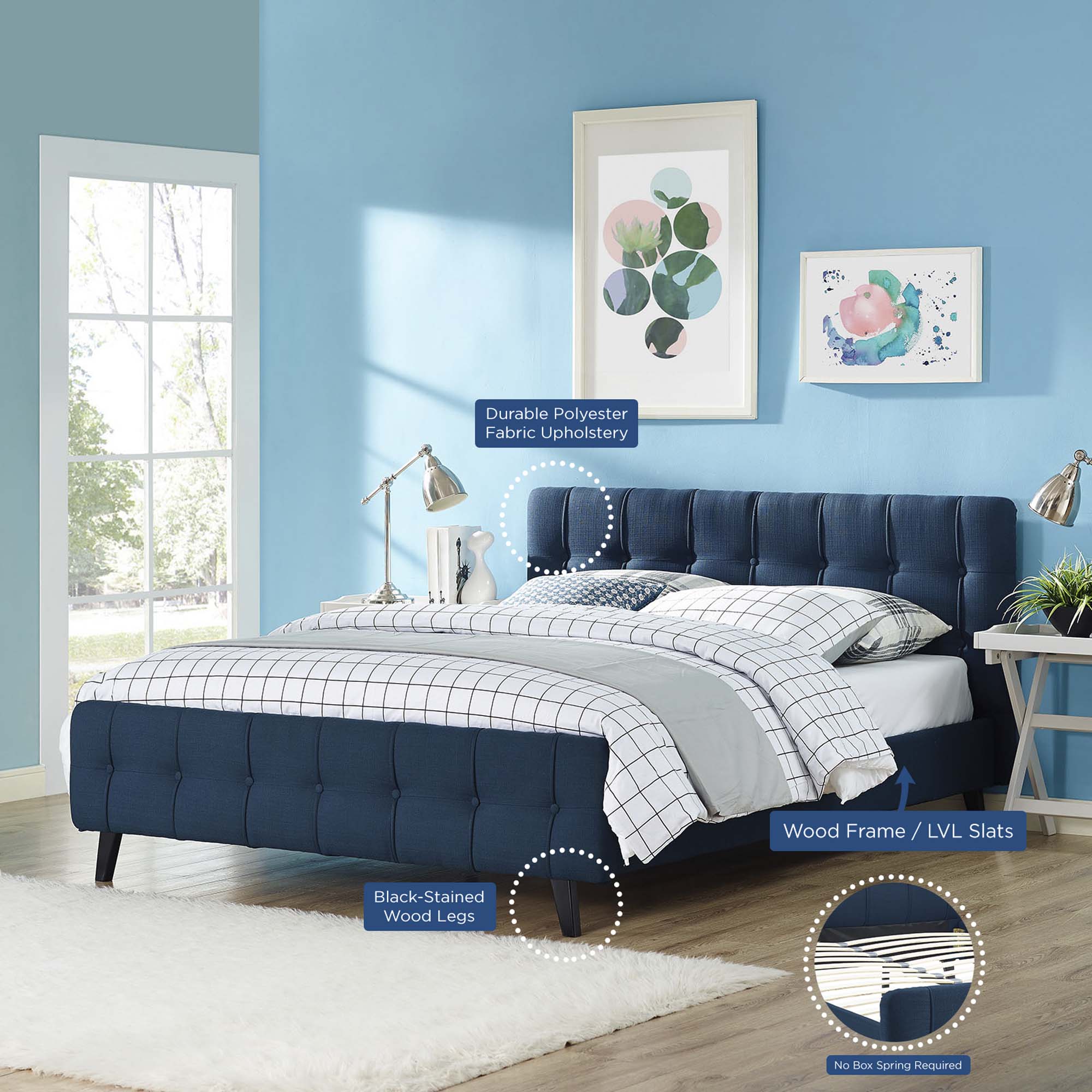 Ollwyn Azure Queen Polyester Platform Bed – Modern Tufted Headboard Design