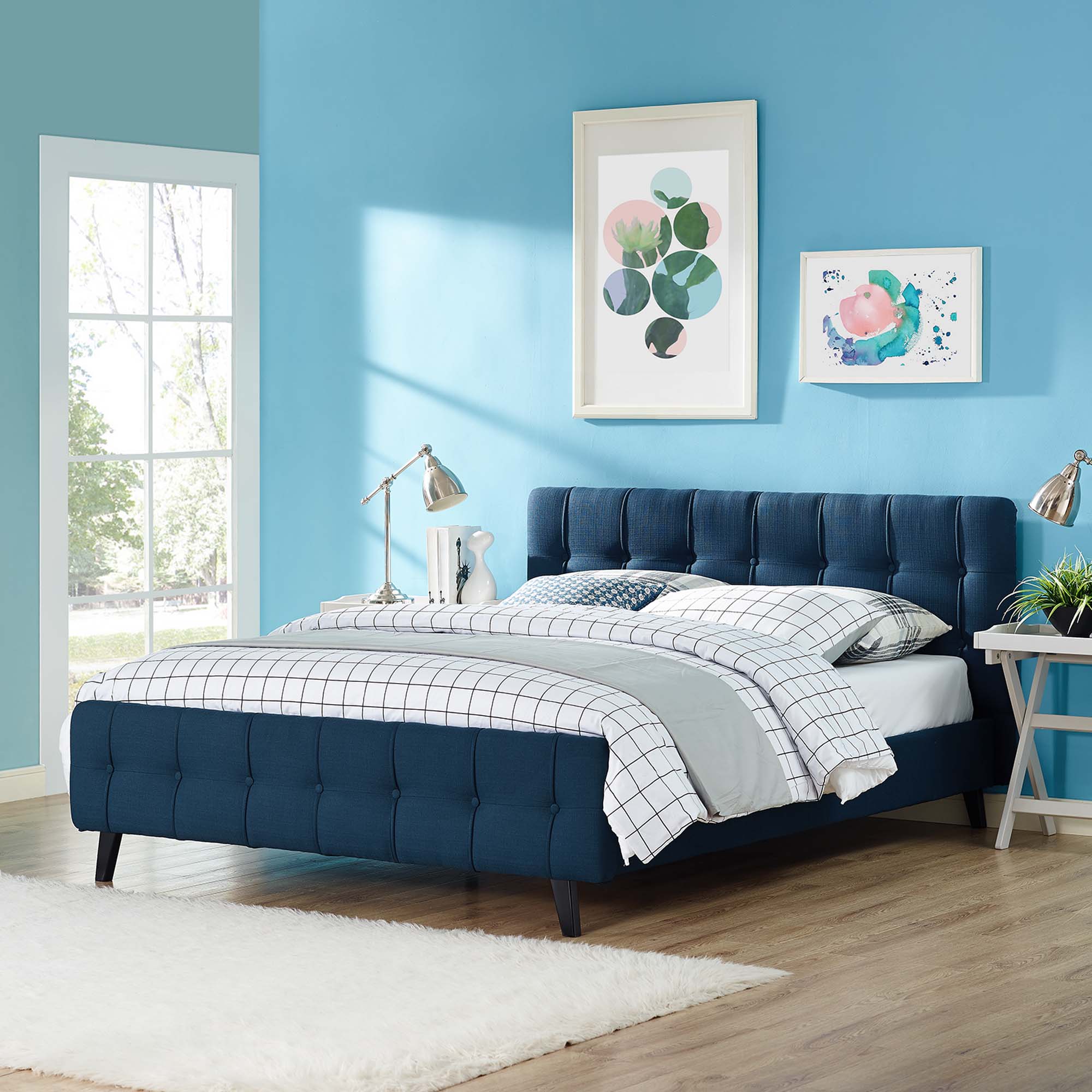 Ollwyn Azure Queen Polyester Platform Bed – Modern Tufted Headboard Design