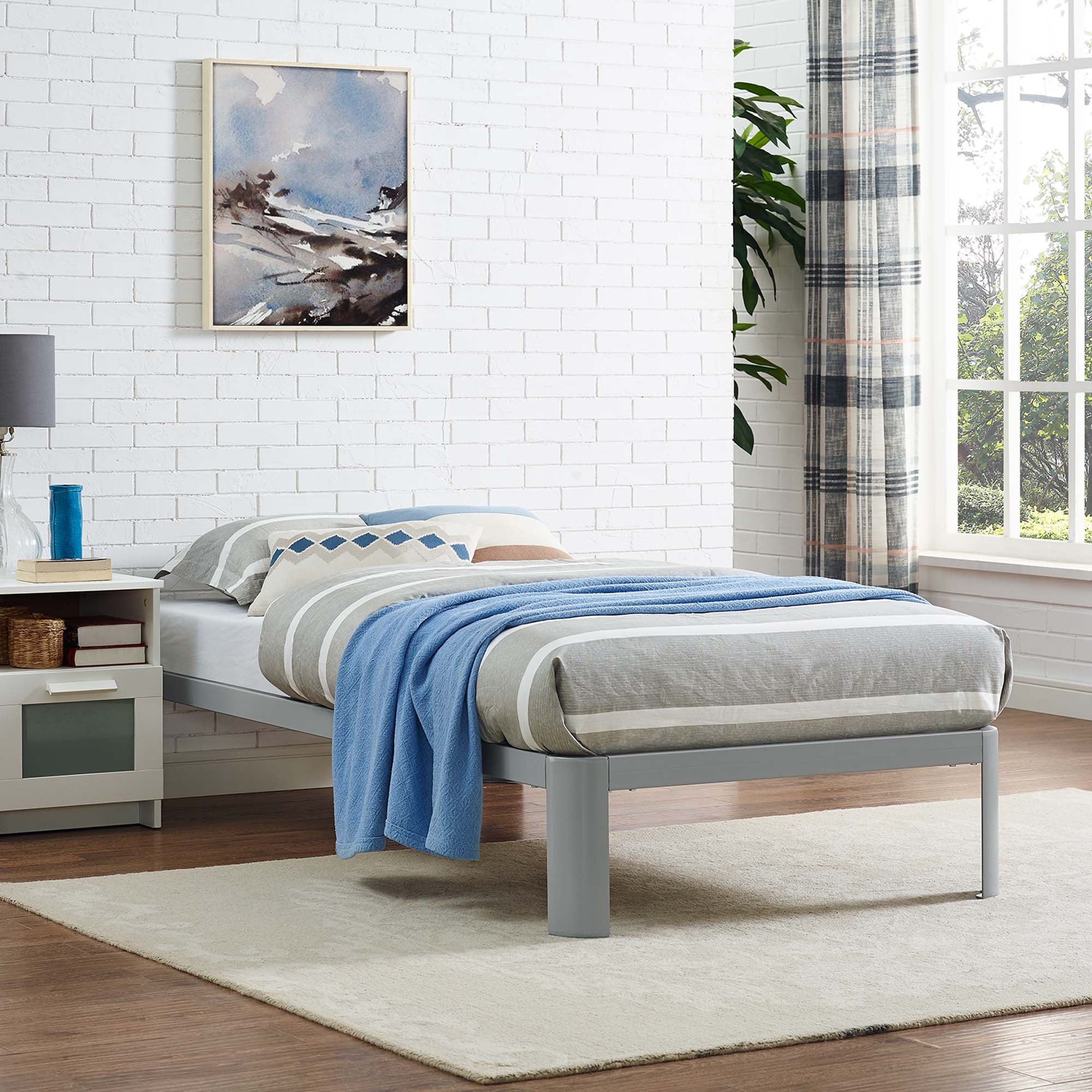 Torrence Twin Size Platform Bed Frame – Steel & Wood Slat Grey Design