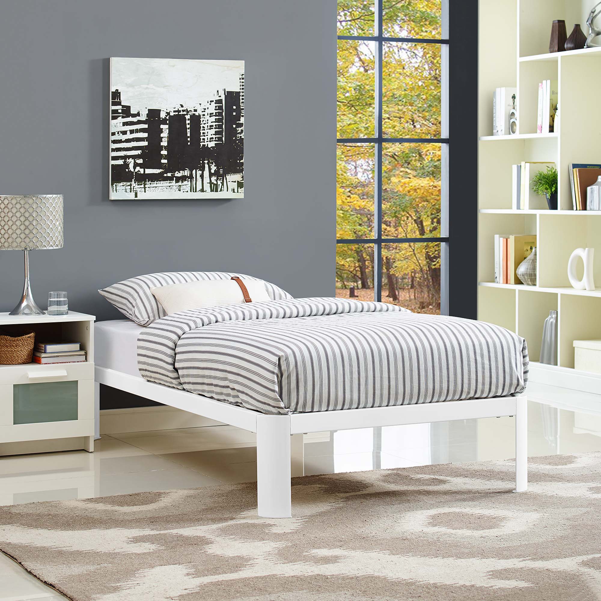 Torrence Twin Size Platform Bed Frame – Steel & Wood Slat Grey Design