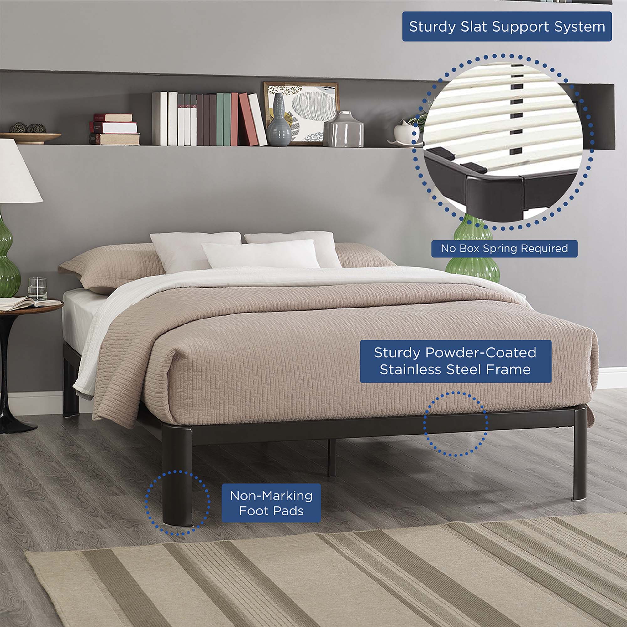 Transmit Full Size Platform Bed Frame Steel Frame with Reinforced Center Beam