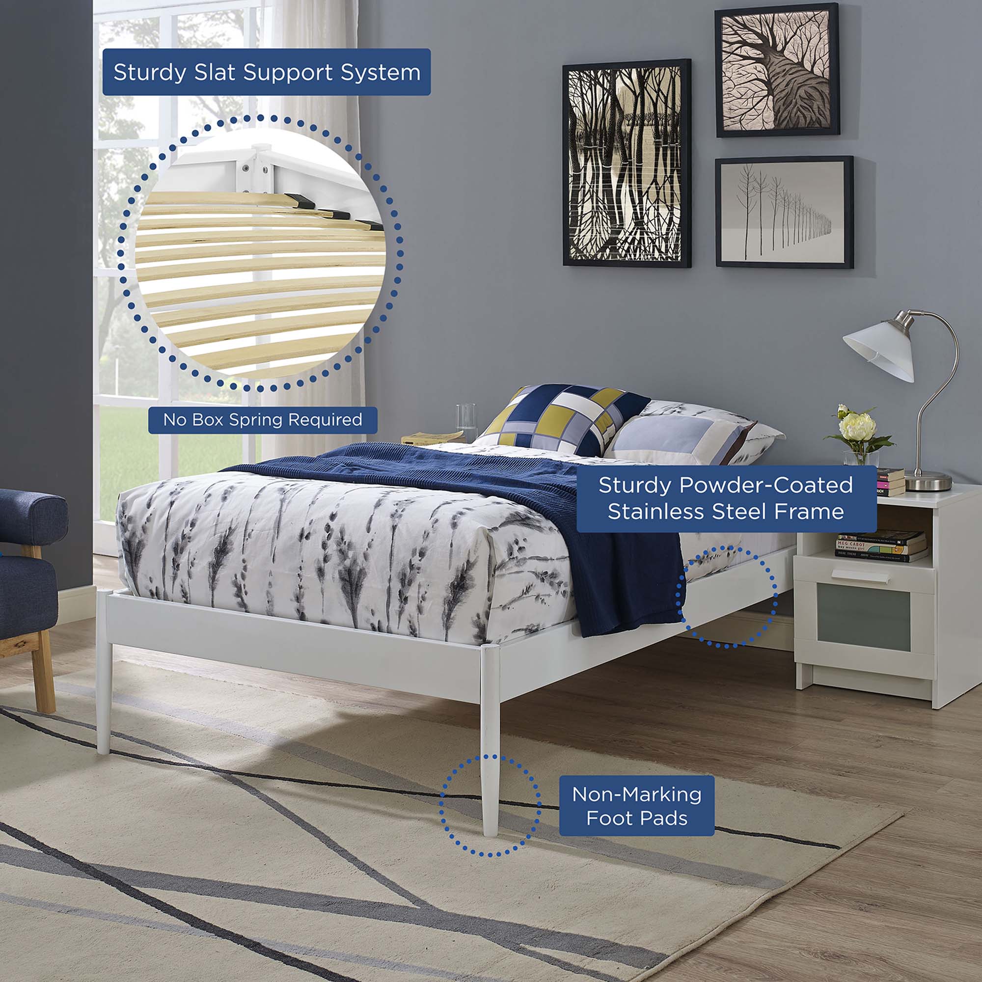 Praire Twin White Platform Bed Frame No Box Spring Needed