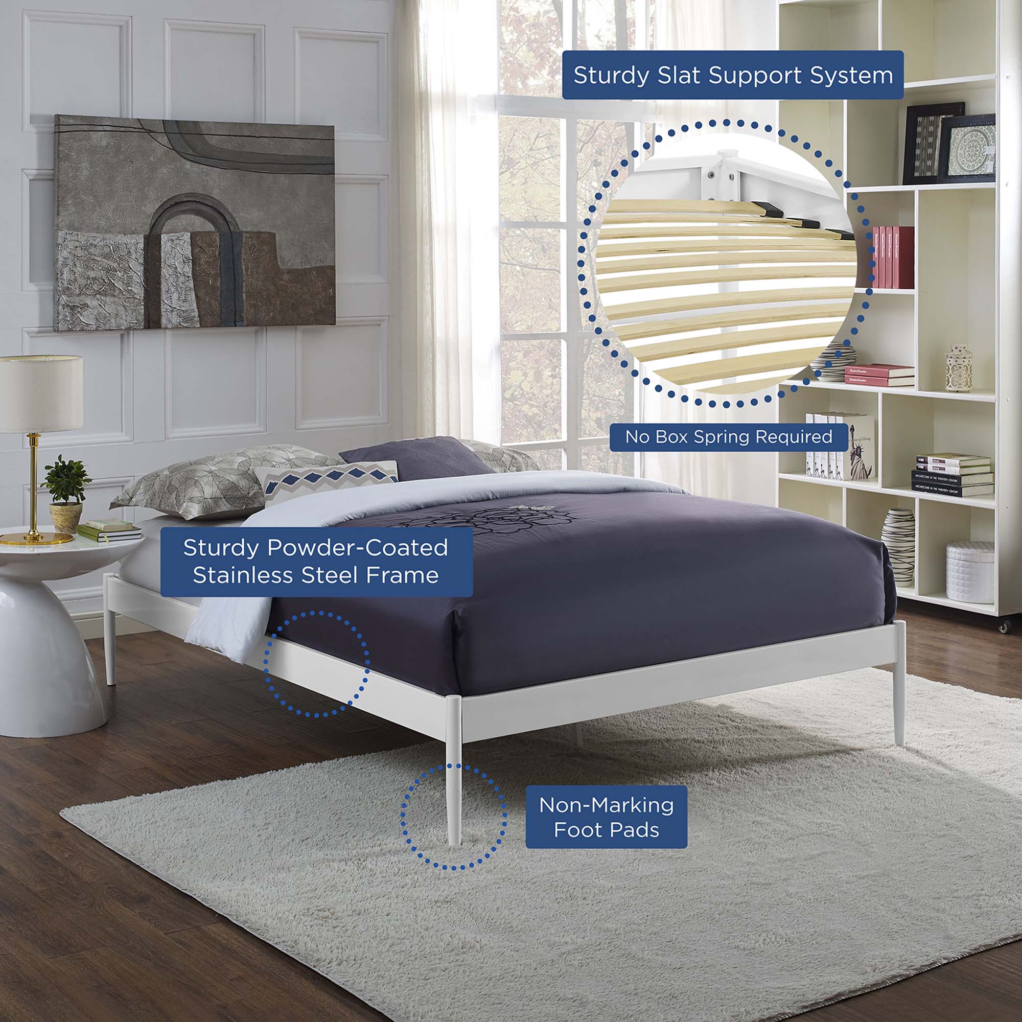 Yester Full White Metal Bed Frame – Minimalist Platform No Box Spring Needed