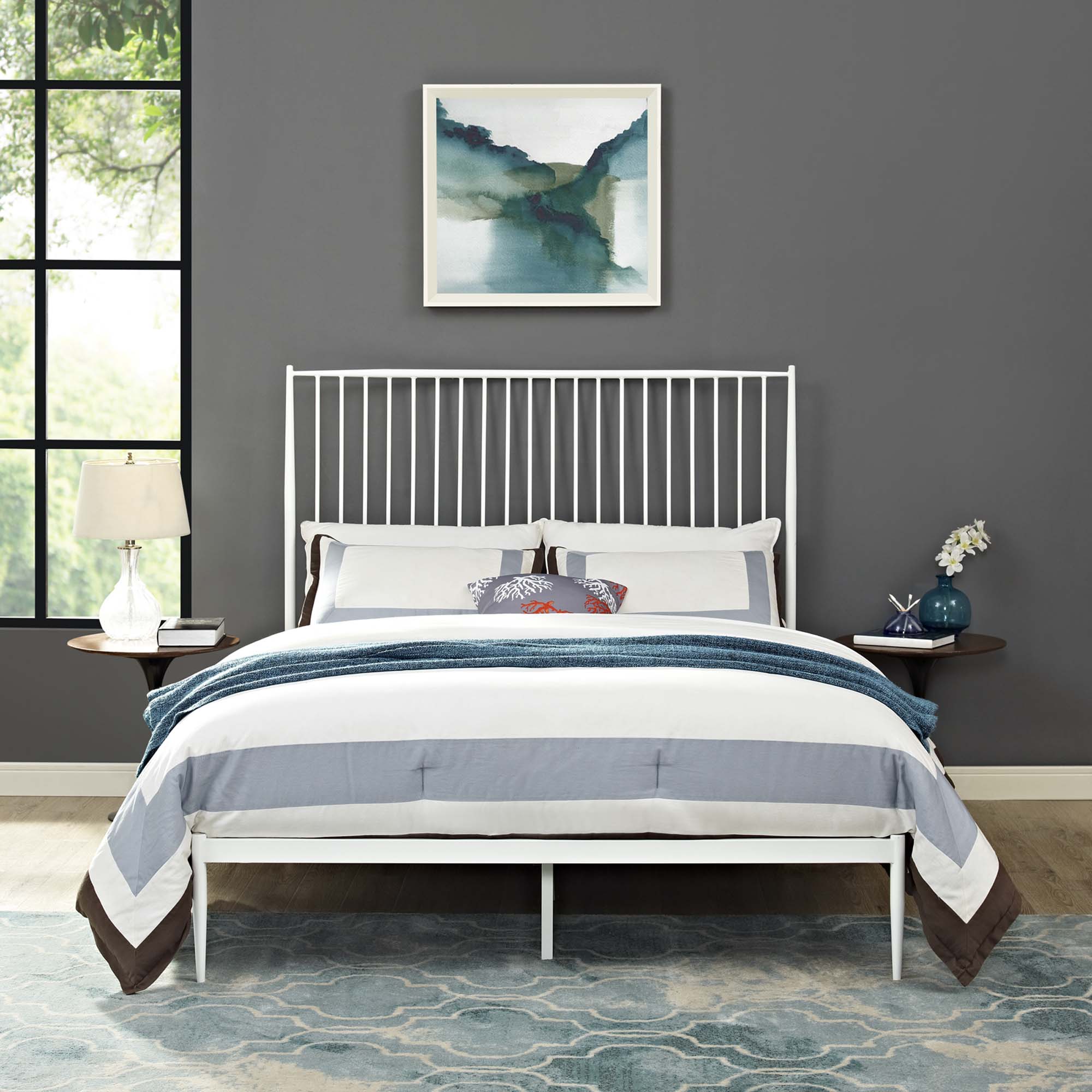 Menken White Queen Metal Platform Bed – Reinforced Center Beam Support