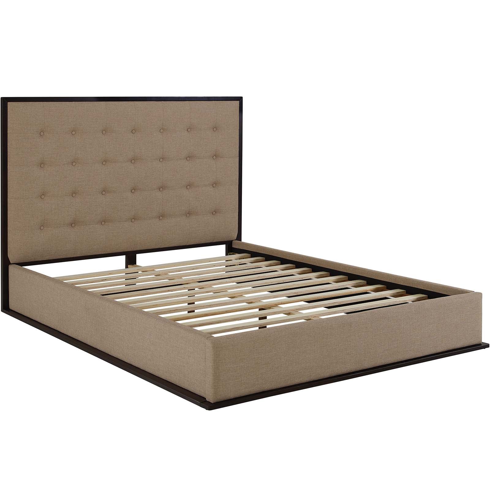 Empress Queen Cappuccino Fabric Upholstered Platform Bed Frame – Button Tufted Headboard