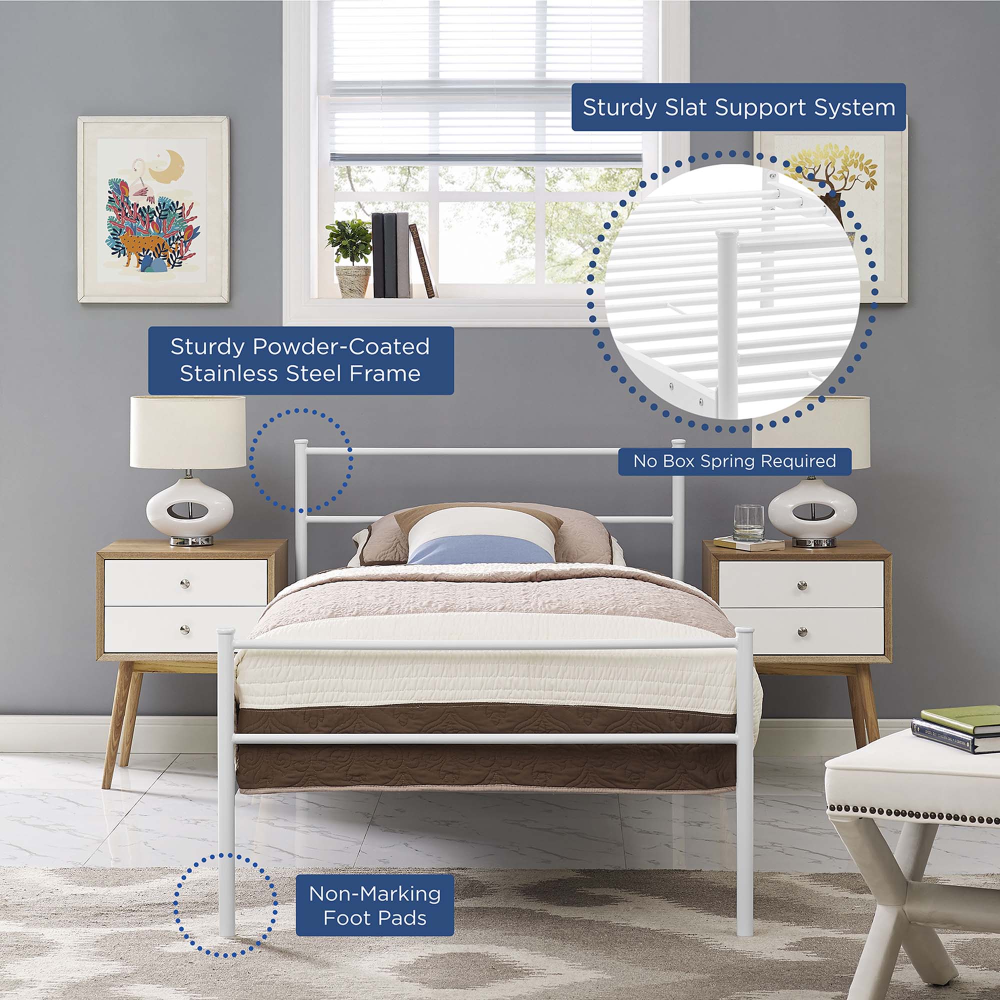 Isadora Alina White Twin Platform Bed Frame Minimalist Wood Bed with Clean Lines