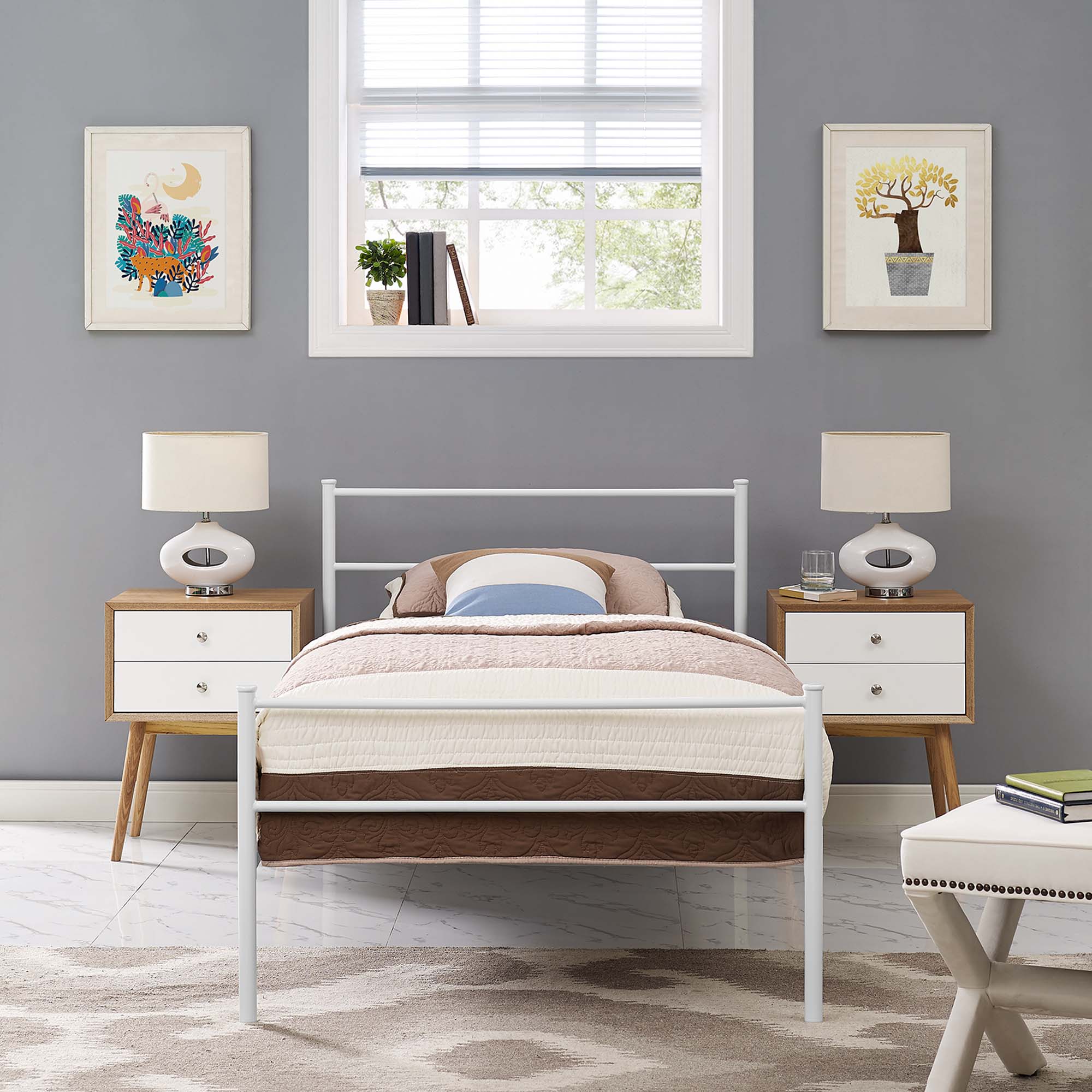 Isadora Alina White Twin Platform Bed Frame Minimalist Wood Bed with Clean Lines