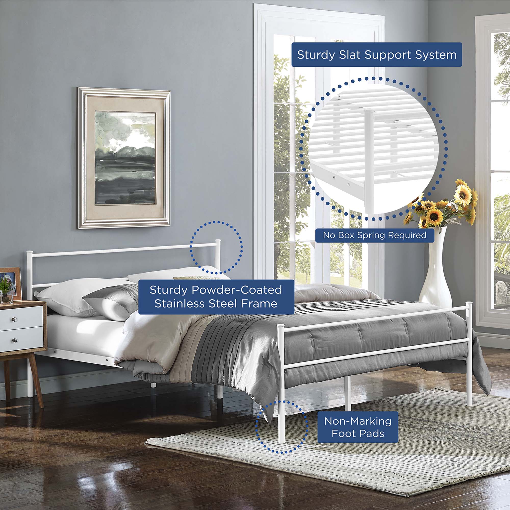 Isadora Alina Queen White Platform Bed Frame Modern Style, No Box Spring Needed