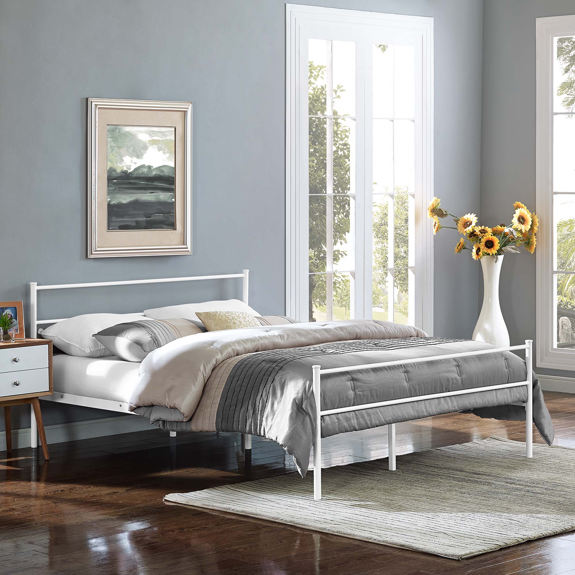 Isadora Alina Queen White Platform Bed Frame Modern Style, No Box Spring Needed