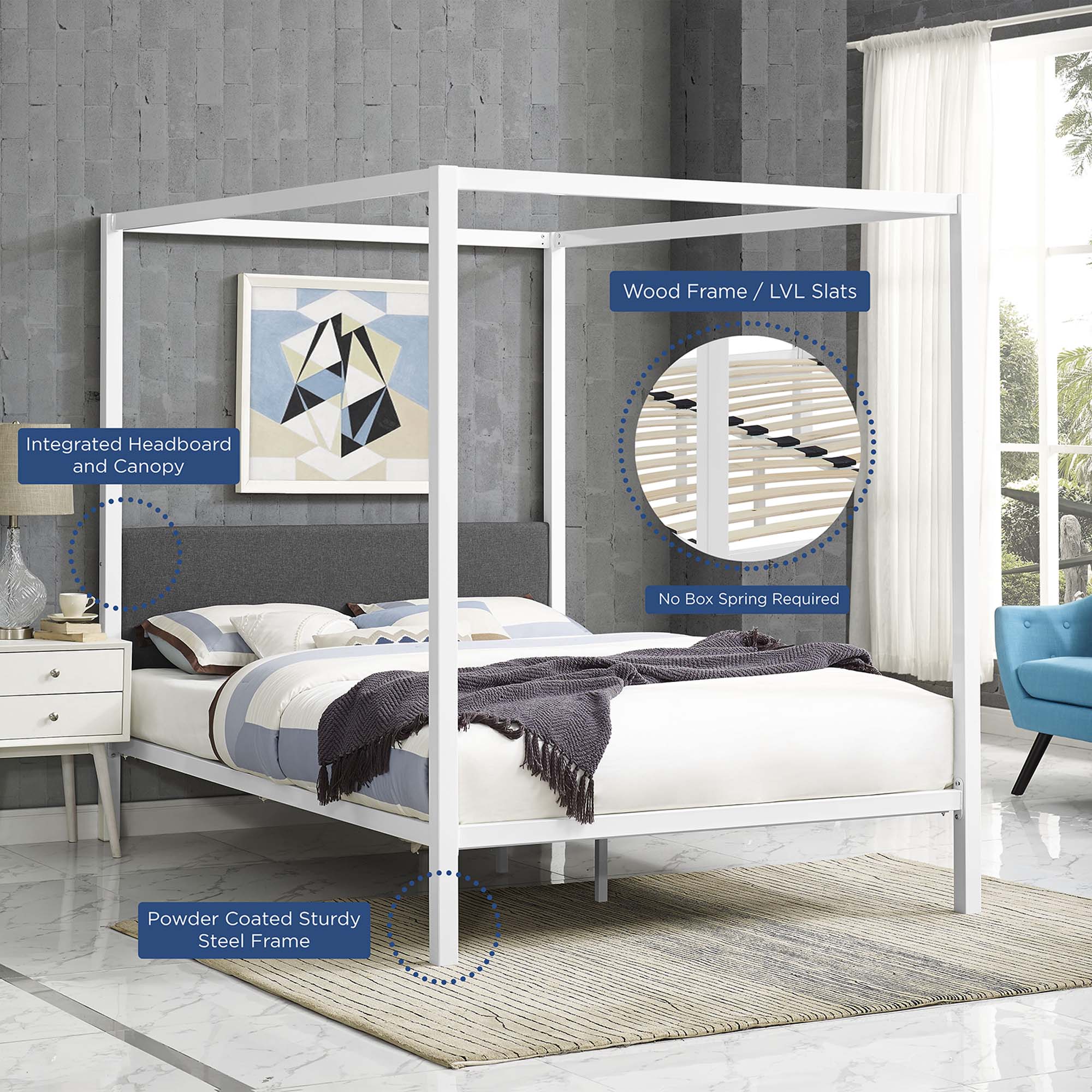 Glasten Queen Steel Canopy Platform Bed – Curtain Ready Modern Frame