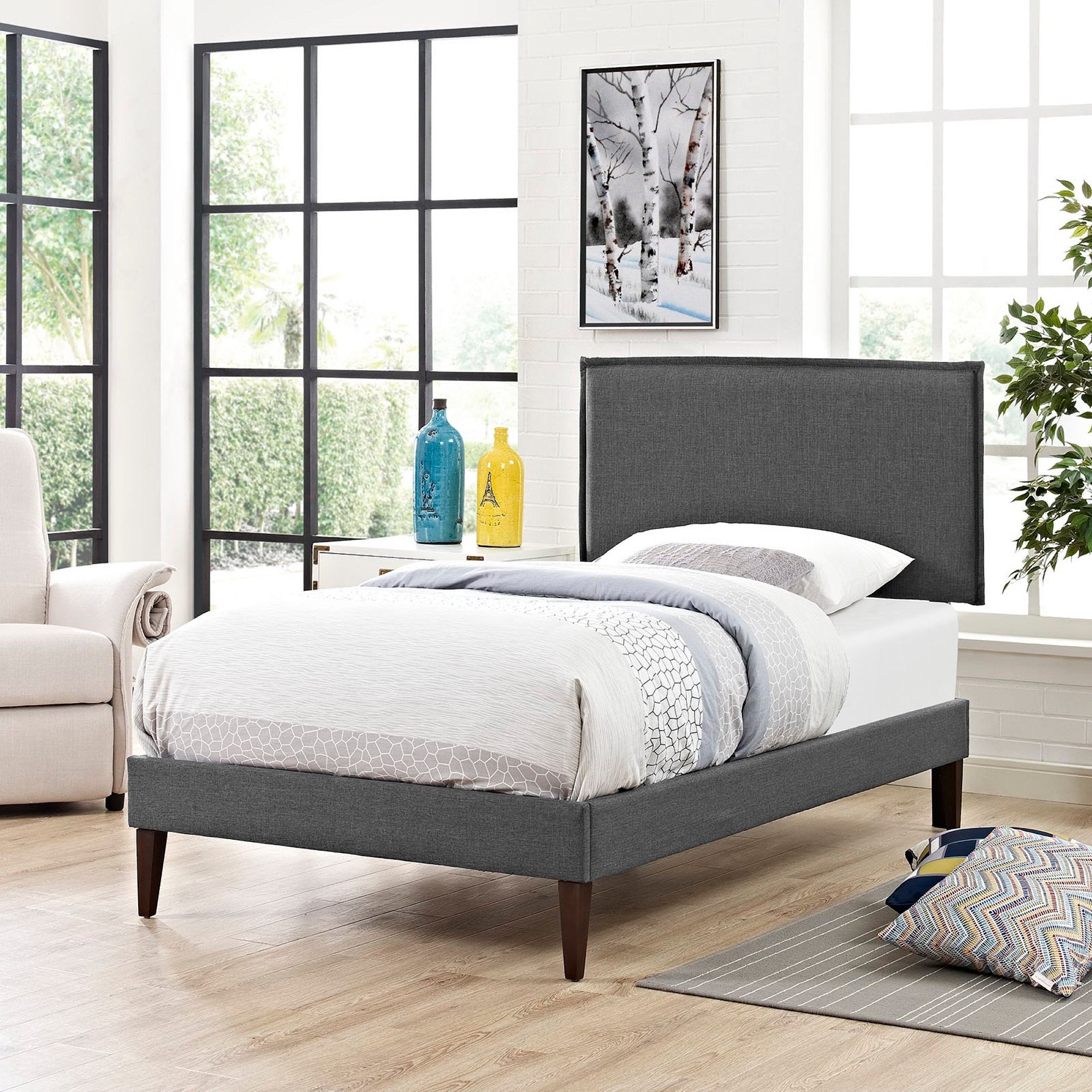 Camille Fabric Twin Platform Bed with Squared Tapered Legs, Gray