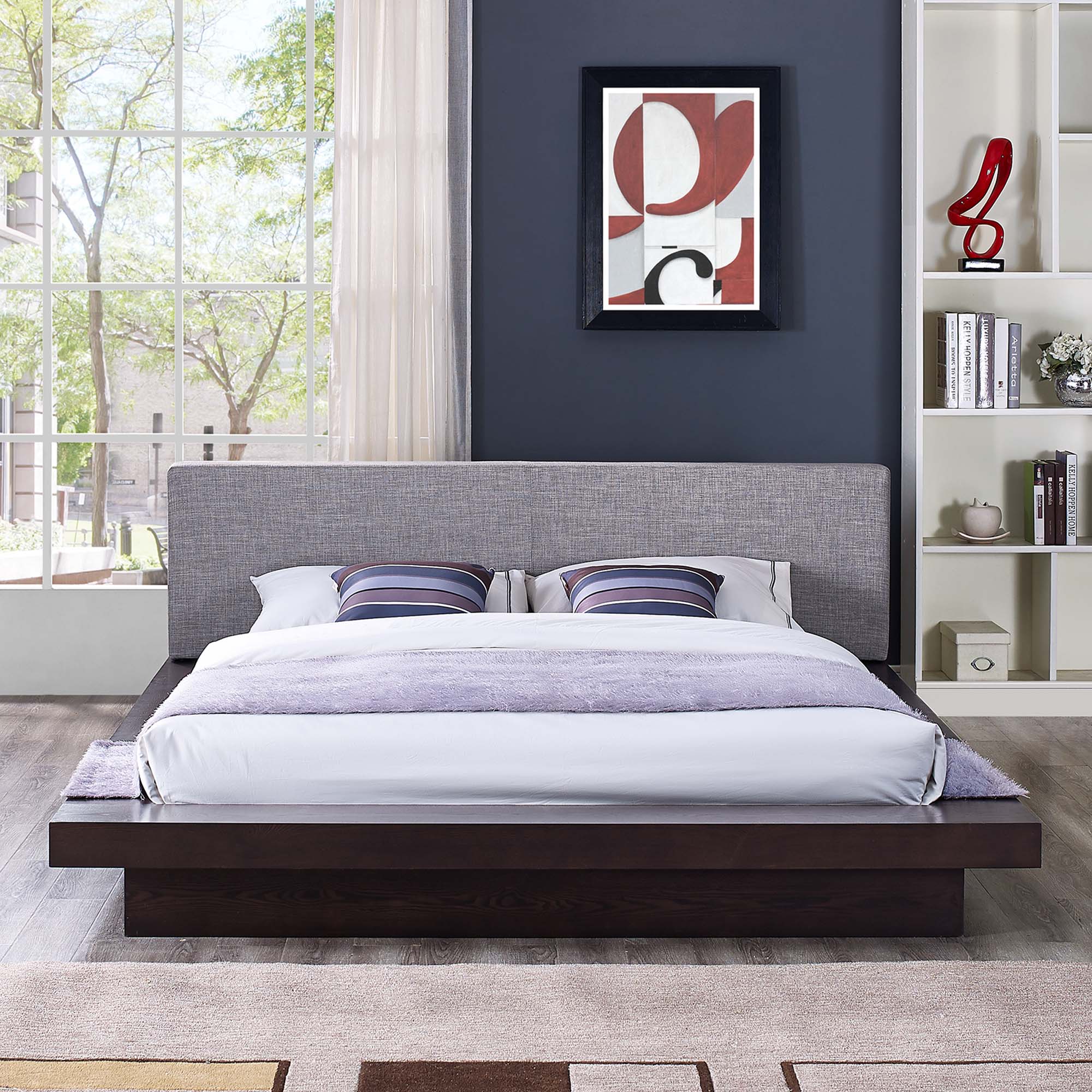Freja Fabric Queen Platform Bed, Cappuccino Gray