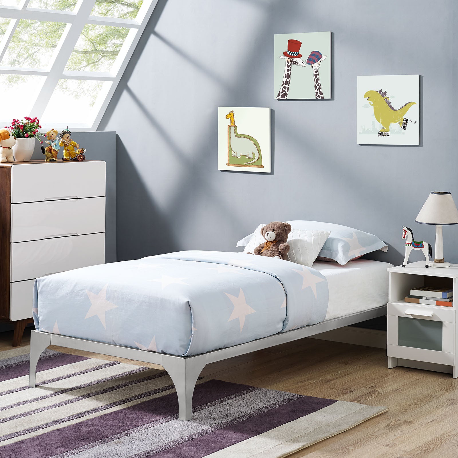 Calibrate Twin Silver Steel Bed Frame – Slatted Wood Support System