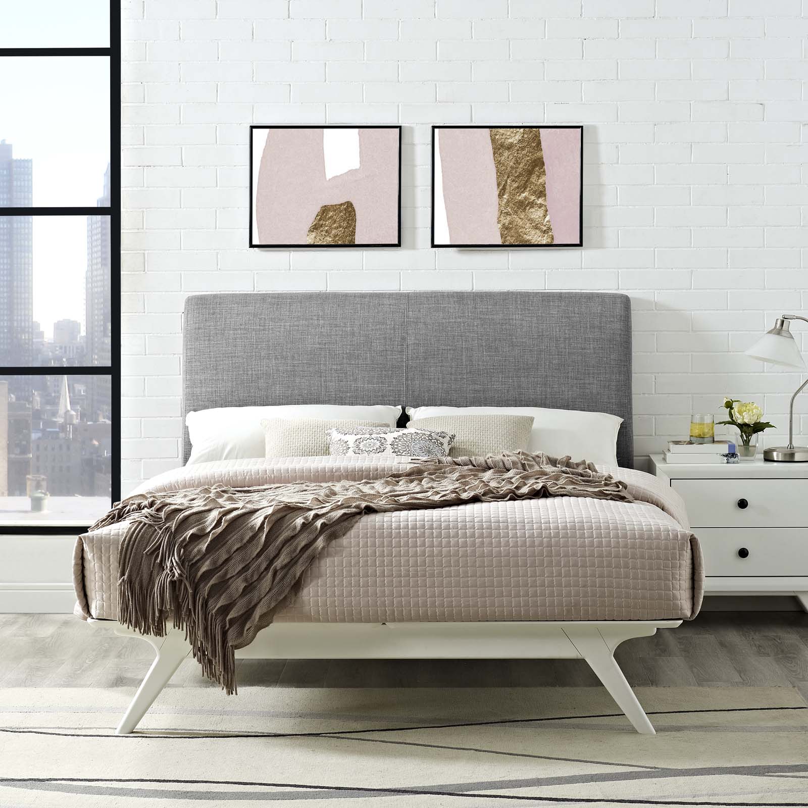 Sornis King White Grey Upholstered Platform Bed – Foam Padded Headboard