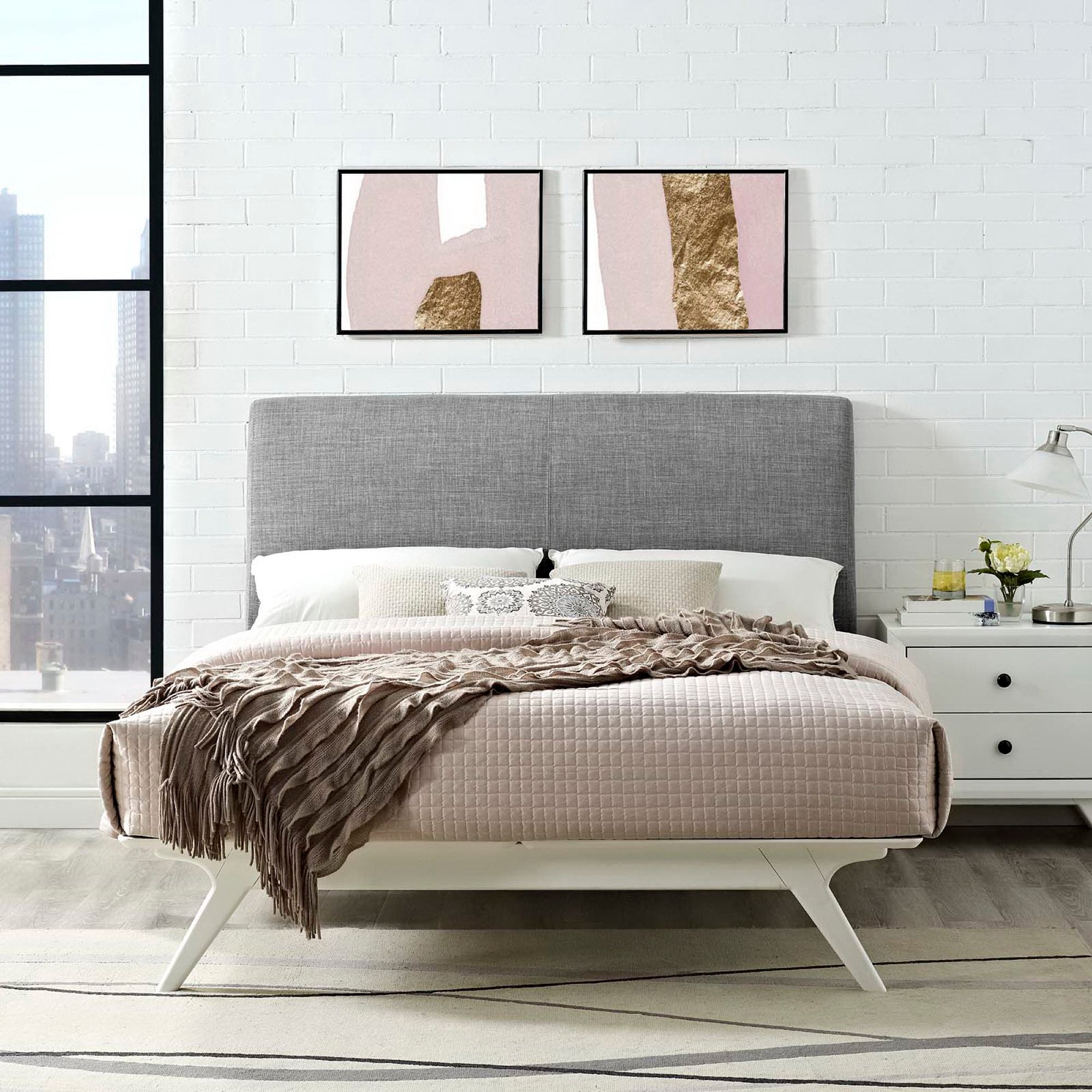 Sornis King White Grey Upholstered Platform Bed Foam Padded Headboard