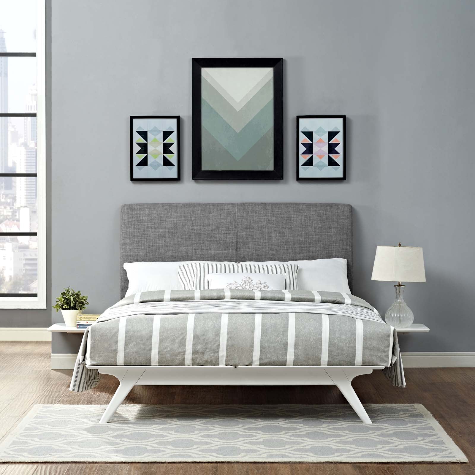 Full Cayman Platform Bedroom Set – White Grey Upholstered 3-Piece with Nightstands