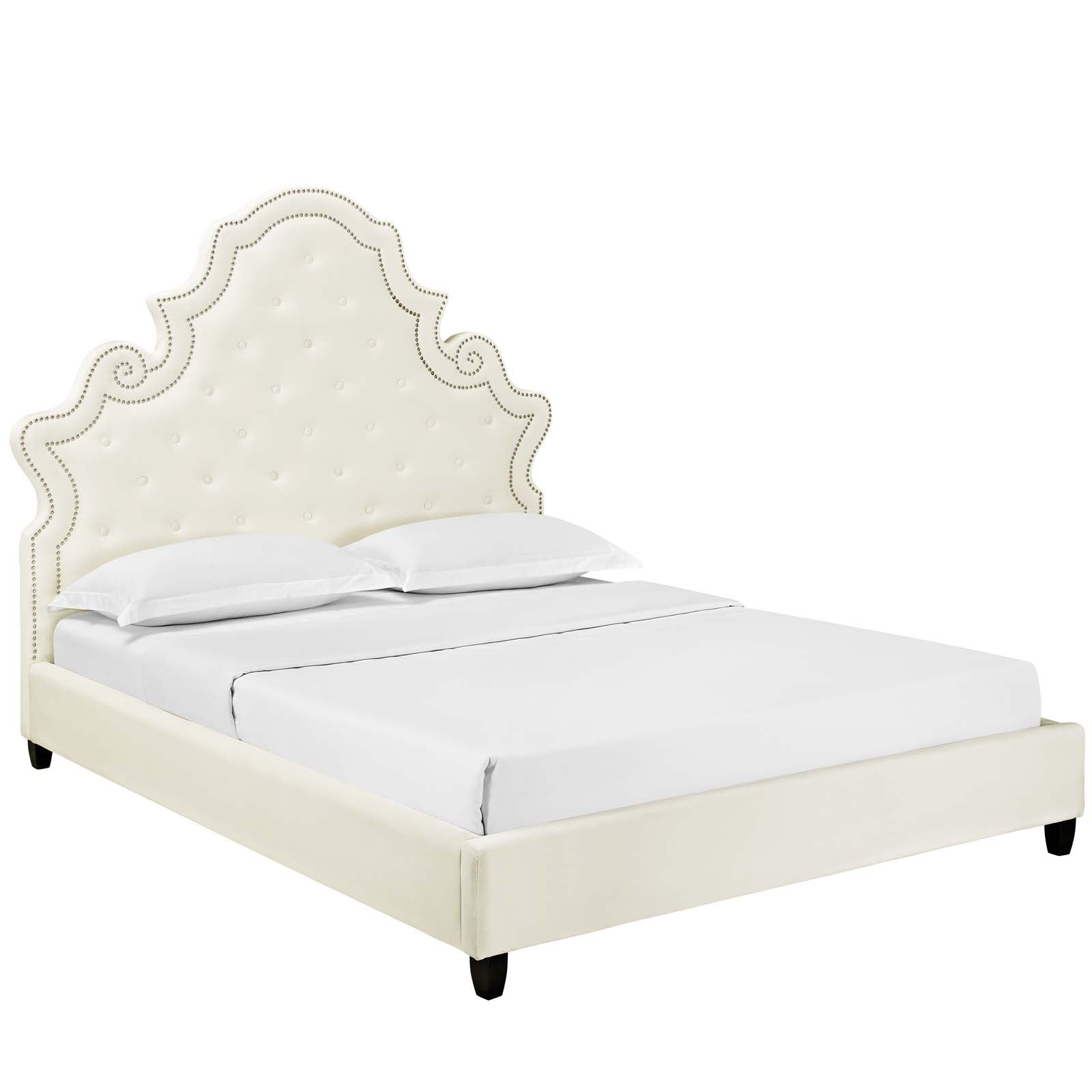 Marlowe Queen Size Upholstered Bed – Ivory Performance Velvet with Tufted Headboard