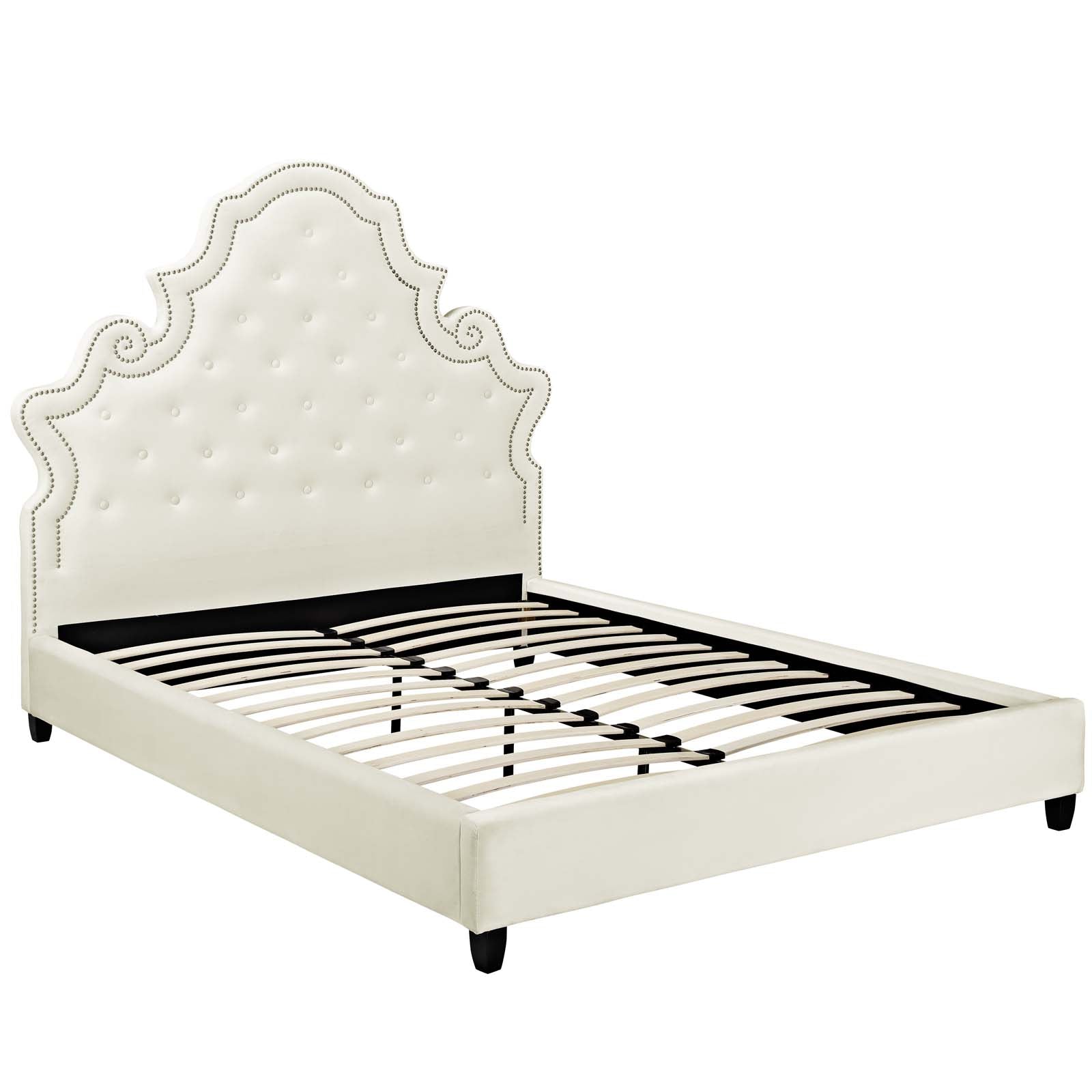 Marlowe Queen Size Upholstered Bed – Ivory Performance Velvet with Tufted Headboard