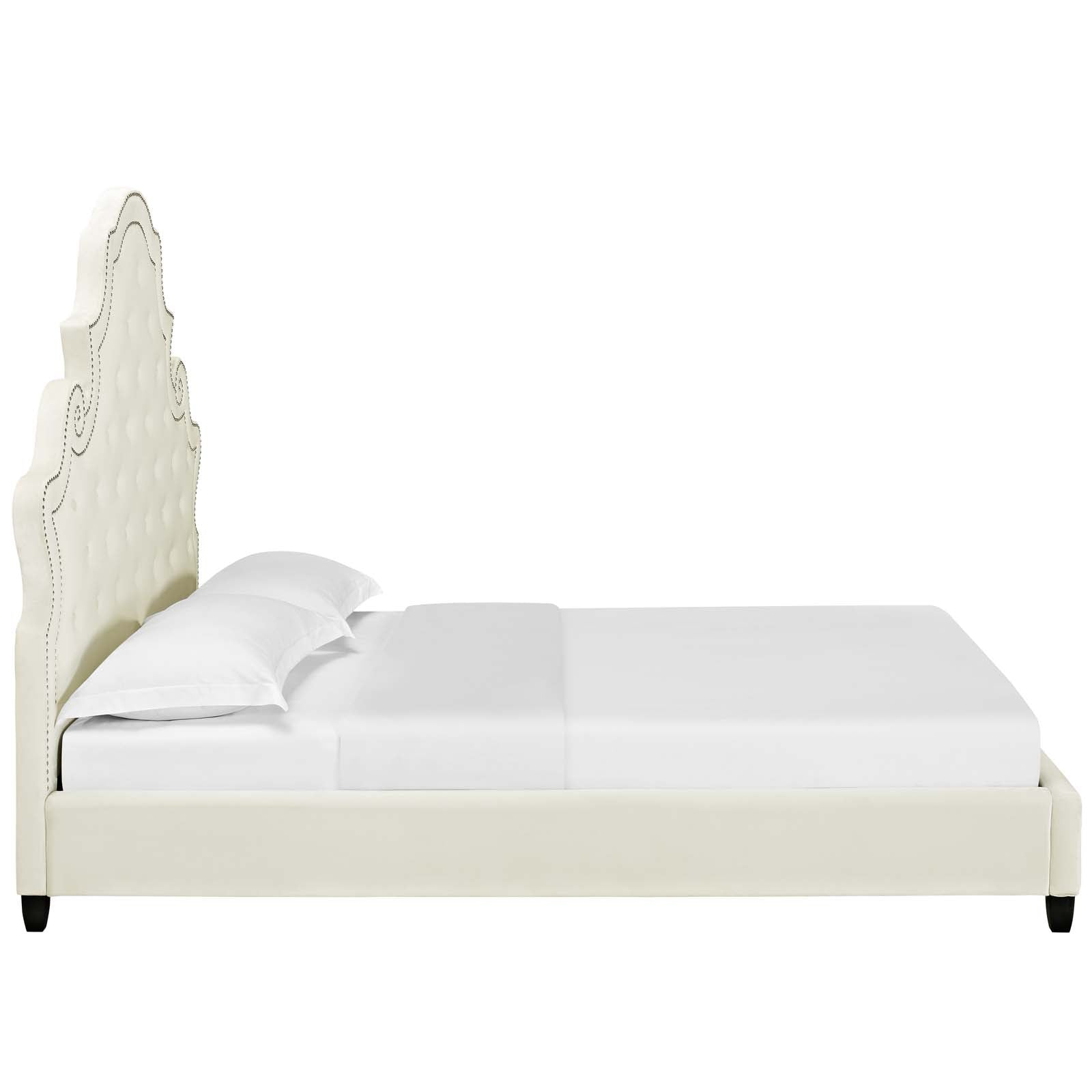 Marlowe Queen Size Upholstered Bed – Ivory Performance Velvet with Tufted Headboard