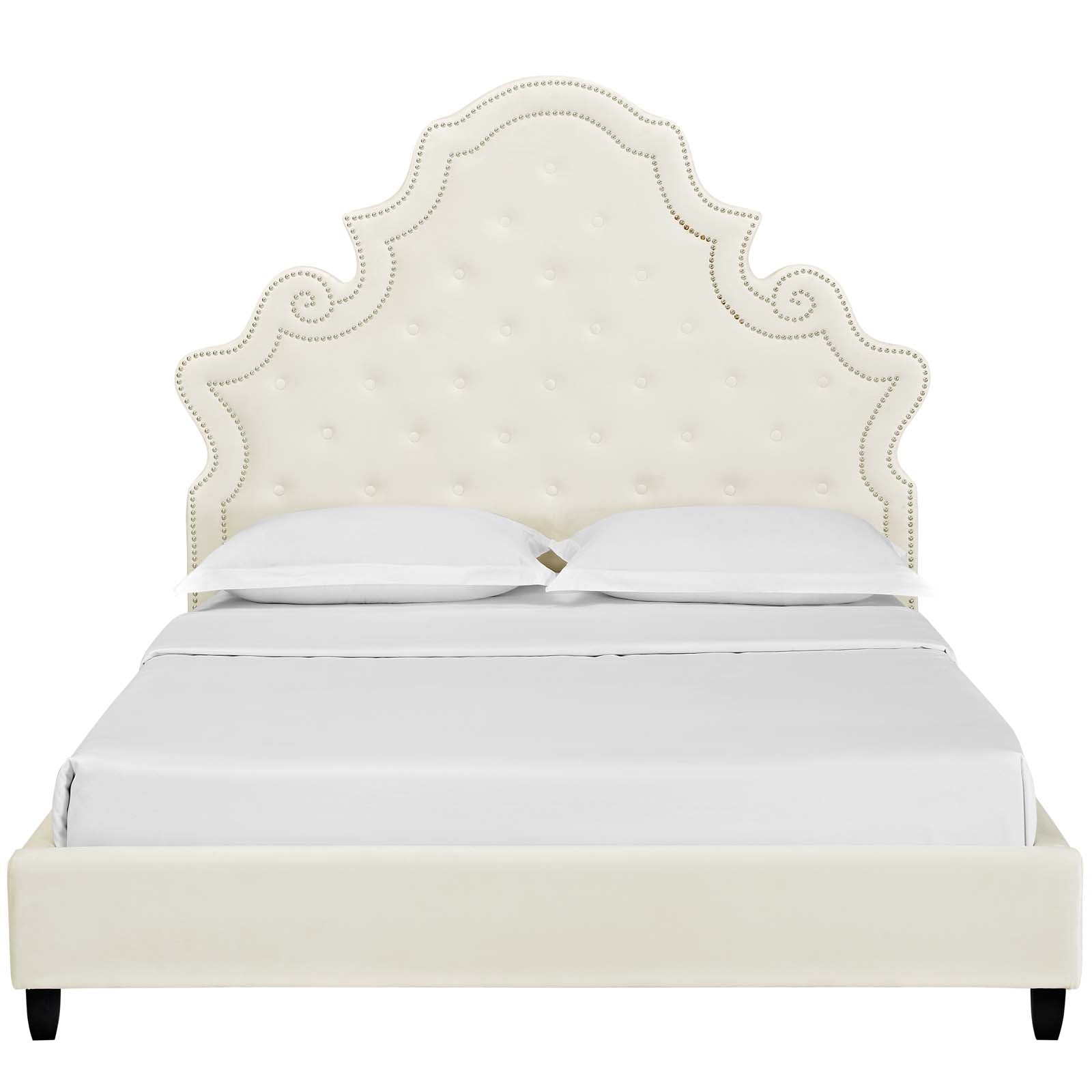 Marlowe Queen Size Upholstered Bed – Ivory Performance Velvet with Tufted Headboard